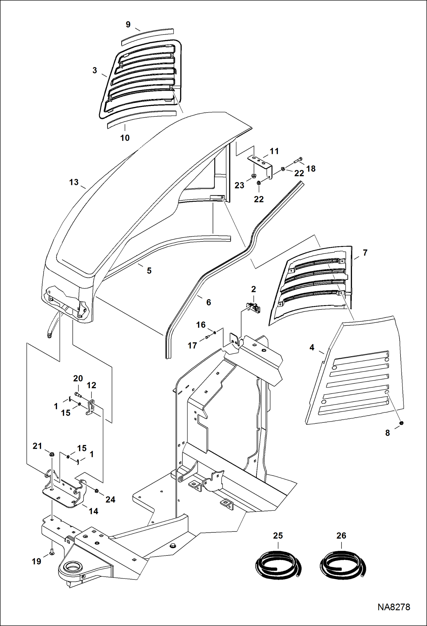 Схема запчастей Bobcat E32 - RH COVER (W/ Bracket Hold Open) MAIN FRAME