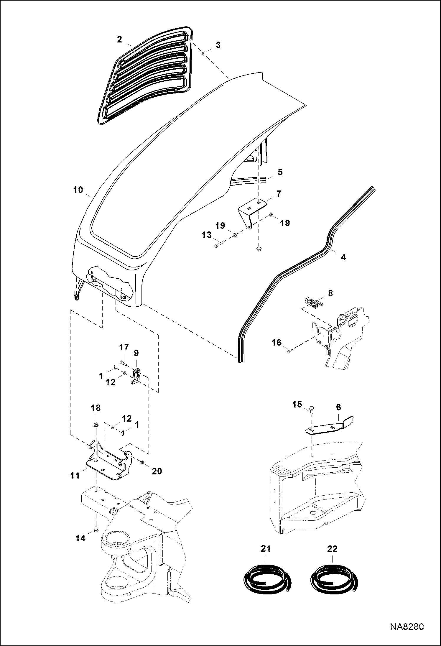 Схема запчастей Bobcat E50 - RH COVER (W/ Bracket Hold Open) (S/N AG3N14001 & Above, AHHE14001 & Above) MAIN FRAME