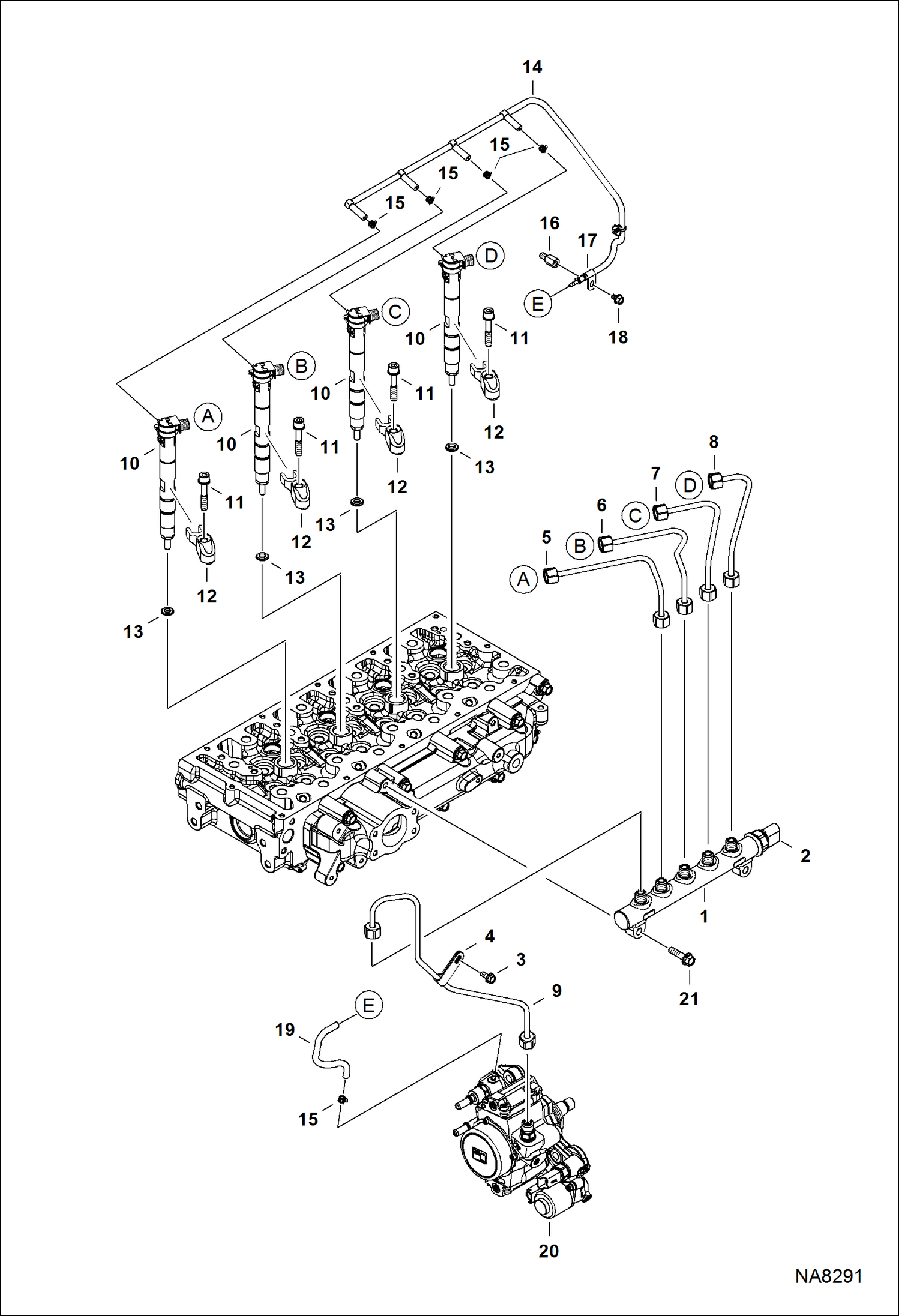 Схема запчастей Bobcat S-Series - FUEL RAIL & INJECTORS POWER UNIT