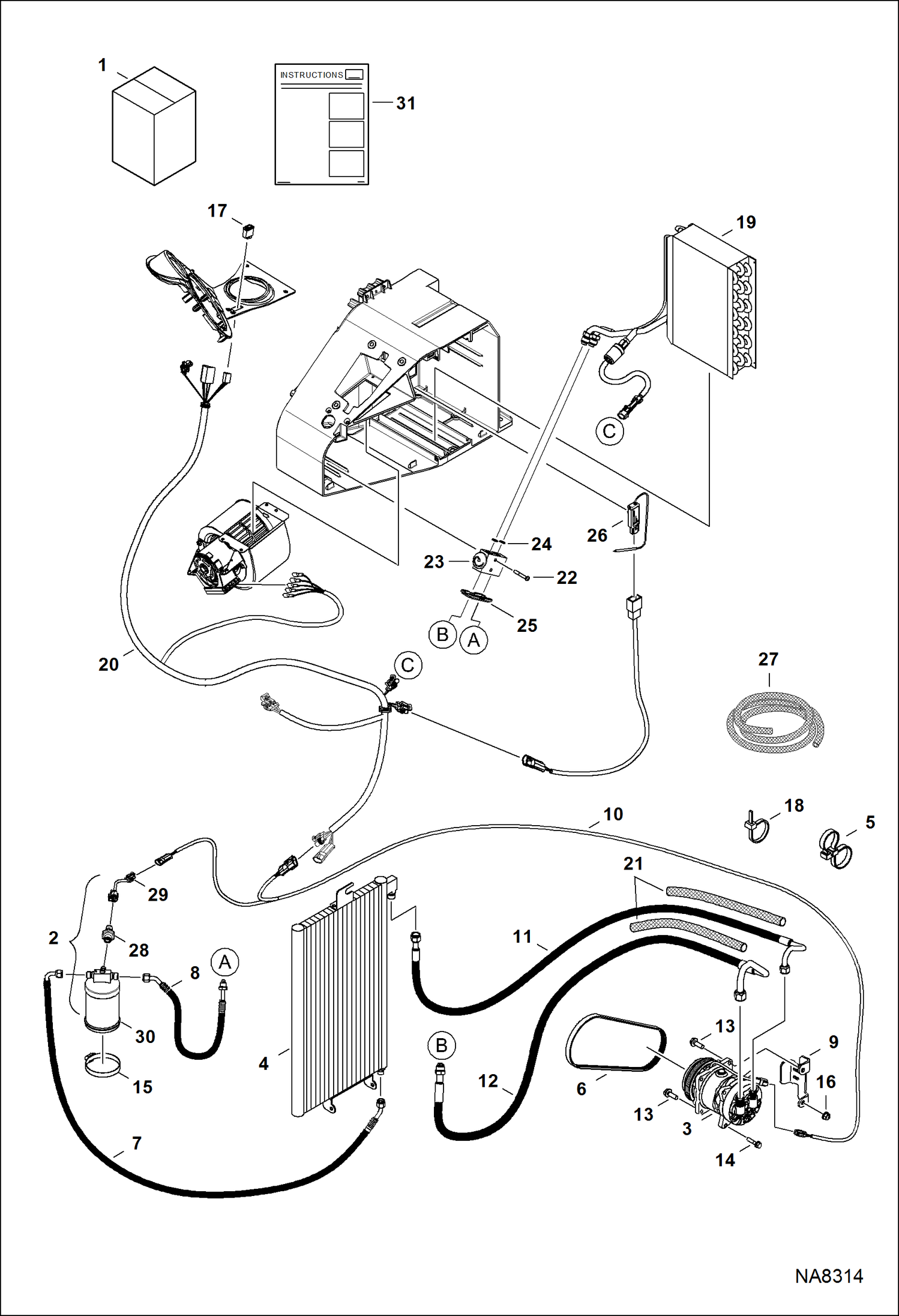 Схема запчастей Bobcat E32 - HEATER & A/C (A/C Kit) (S/N A94H17001 & Above, AC2N15001 & Above) ACCESSORIES & OPTIONS