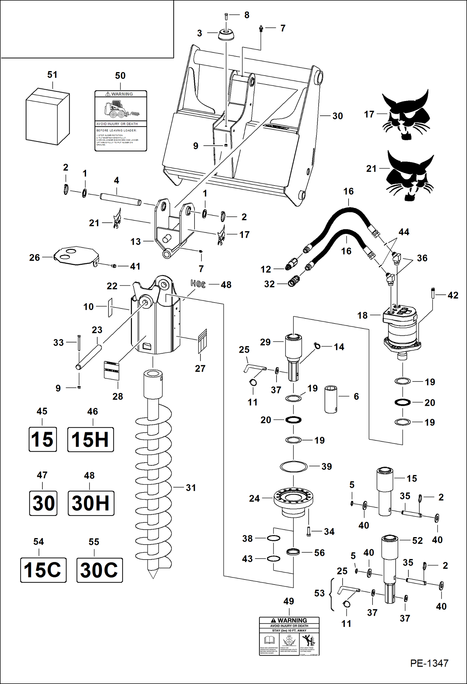 Схема запчастей Bobcat AUGERS - AUGER (15 1874) (15C 9442) (15H 1875) (30 1876) (30C 9445) (30H 1877) Телескопические мини-погрузчики