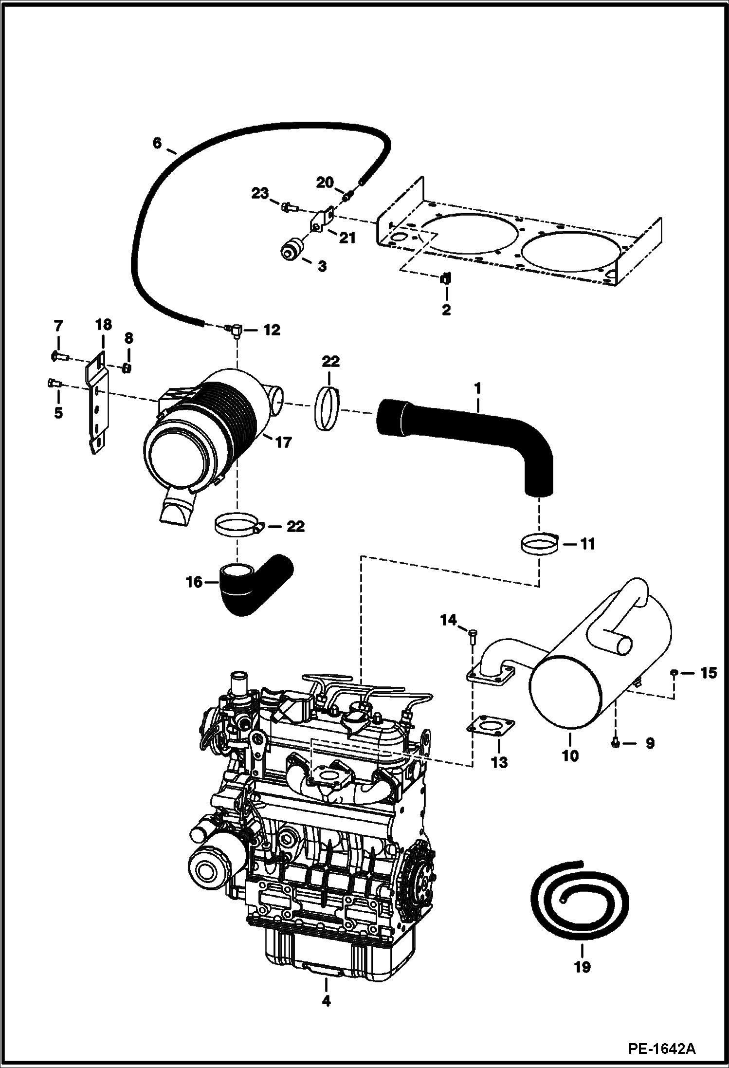 Схема запчастей Bobcat 400s - ENGINE & ATTACHING PARTS (Intake & Exhaust) (Kubota-D1005-E3B-BC-3)(Tier IV Replacement) REPLACEMENT ENGINE