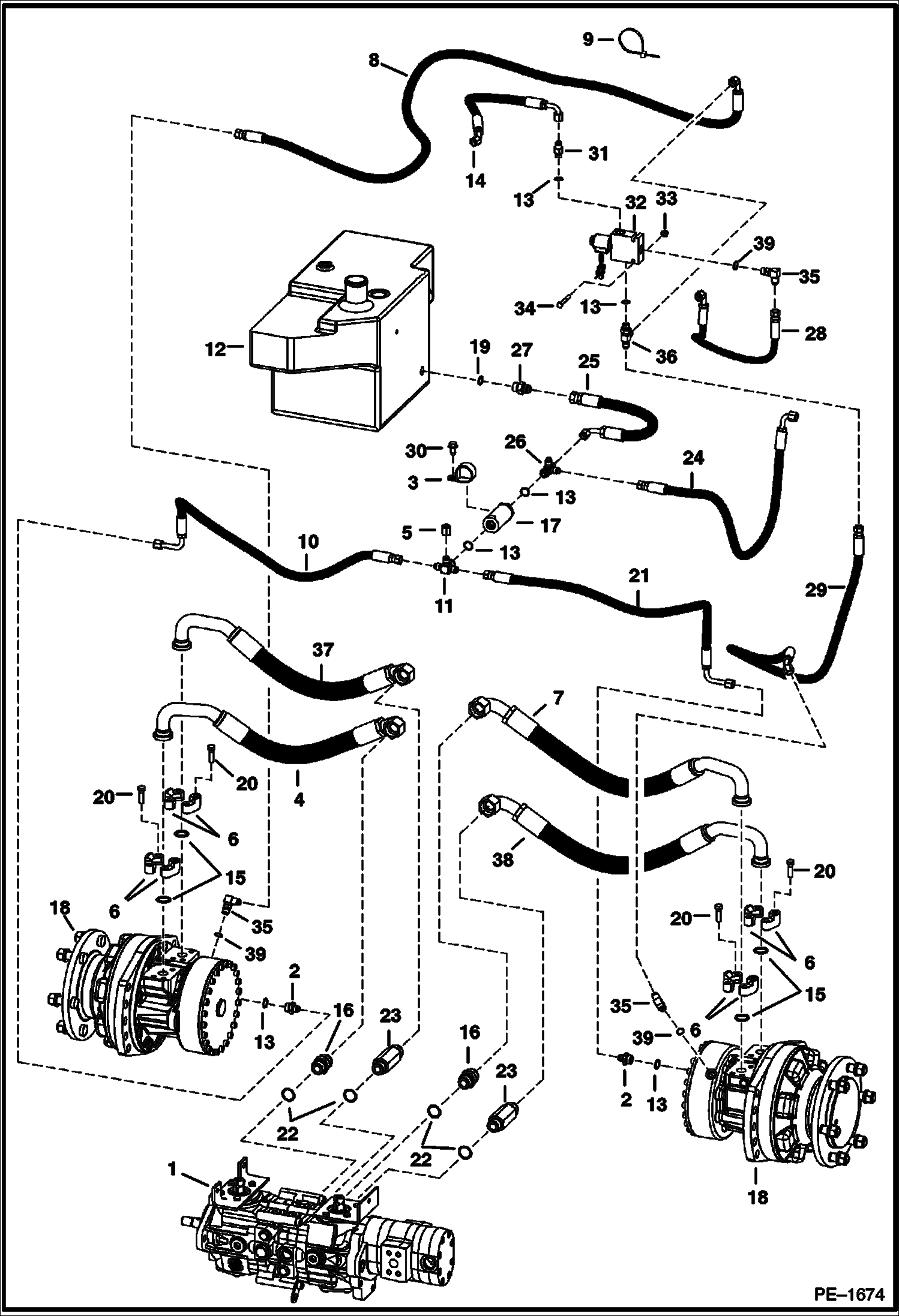 Схема запчастей Bobcat T-Series - HYDROSTATIC CIRCUITRY (W/Motors) (W/Manual Controls) S/N 523111001, 523011001 & Above) (S/N 525611001-12999, 525711001-11999) HYDROSTATIC SYSTEM