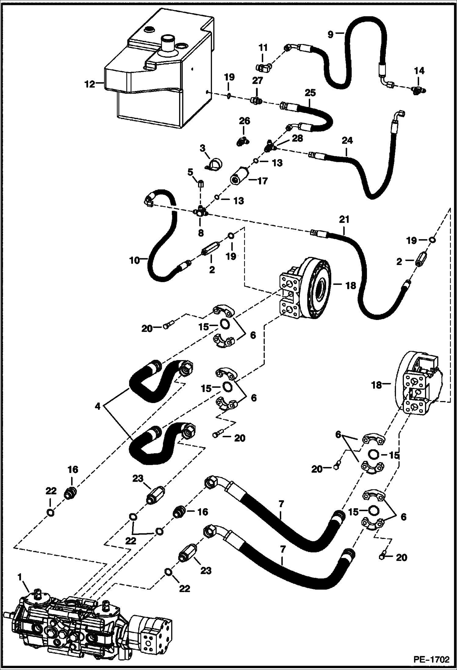 Схема запчастей Bobcat S-Series - HYDROSTATIC CIRCUITRY (W/Motors) (S/N 521313912, 521411180, 521512099, 521611029 & Below) HYDROSTATIC SYSTEM