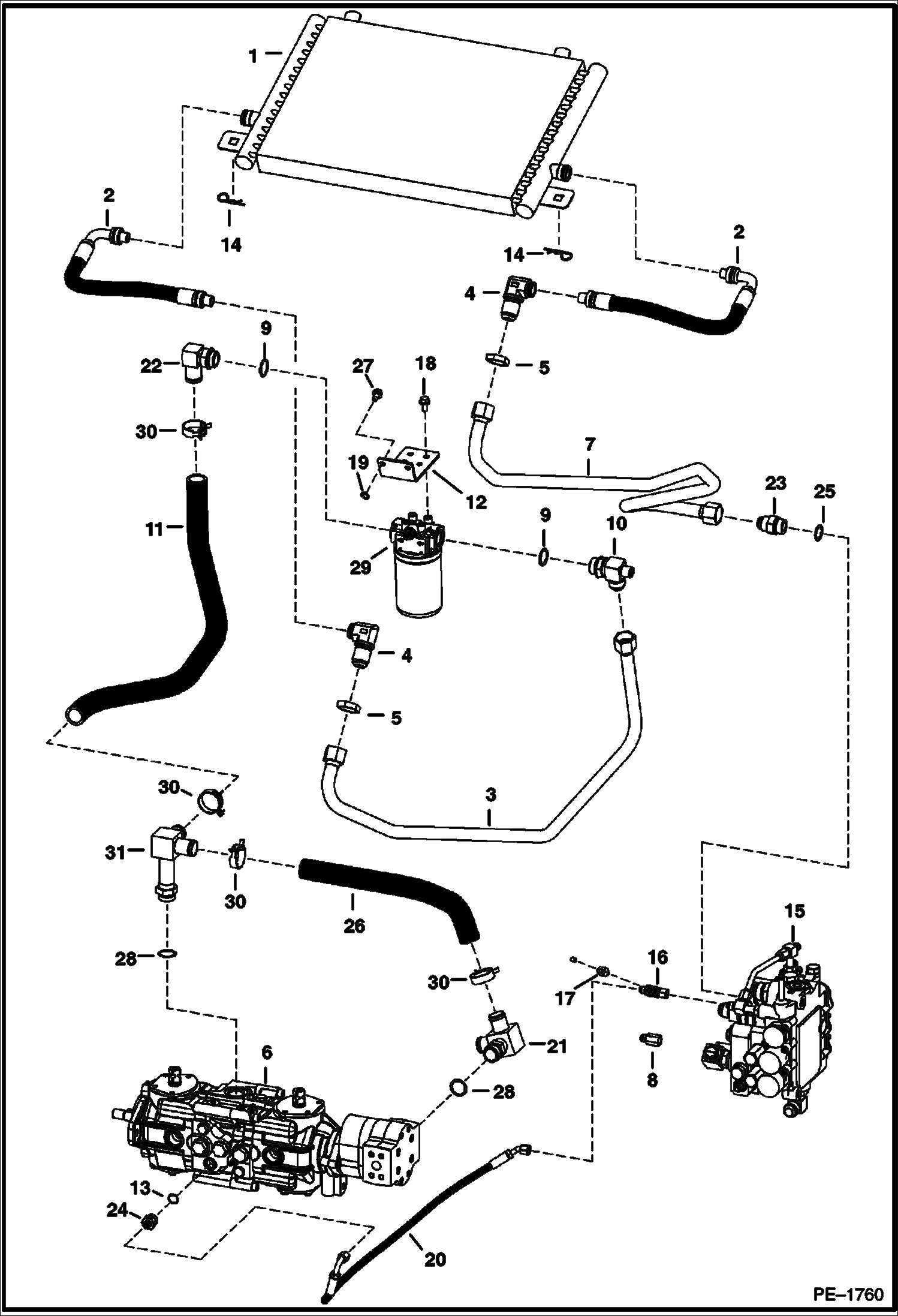 Схема запчастей Bobcat S-Series - HYDROSTATIC CIRCUITRY (W/Cooler) (S/N 521313912, 521411180, 521512099, 521611029 & Below) HYDROSTATIC SYSTEM