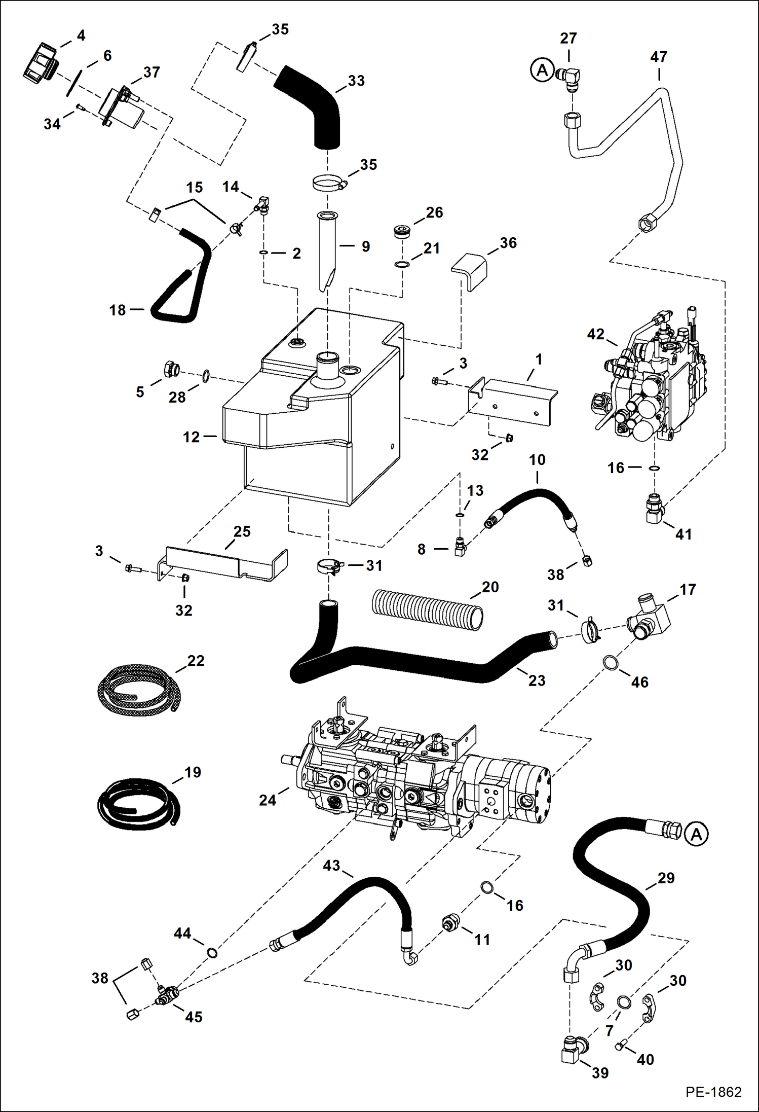 Схема запчастей Bobcat S-Series - HYDROSTATIC CIRCUITRY (W/Tank) (W/Manual Controls) (S/N 523211001, 523311001 & Above) (S/N 526211001-13999, 5263 11001-11999) HYDROSTATIC SYSTEM