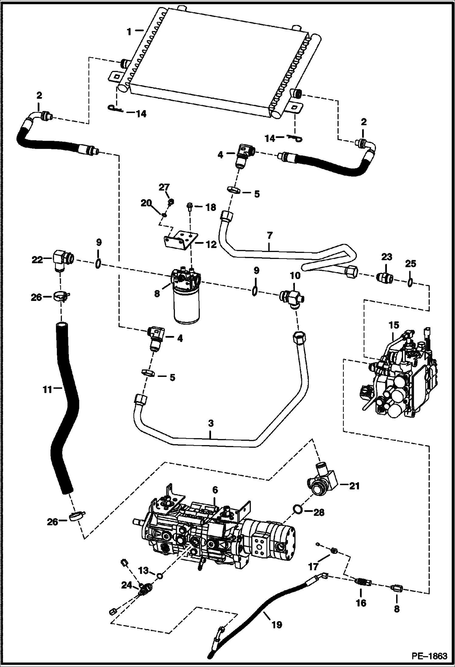 Схема запчастей Bobcat S-Series - HYDROSTATIC CIRCUITRY (W/Cooler)(Manual Controls)(521313913, 521411181, 521512100, 521611030 & Abv)(S/N 526011001-15999,526111001-11999, 525811001-14999, 525911001-11999) HYDROSTATIC SYSTEM