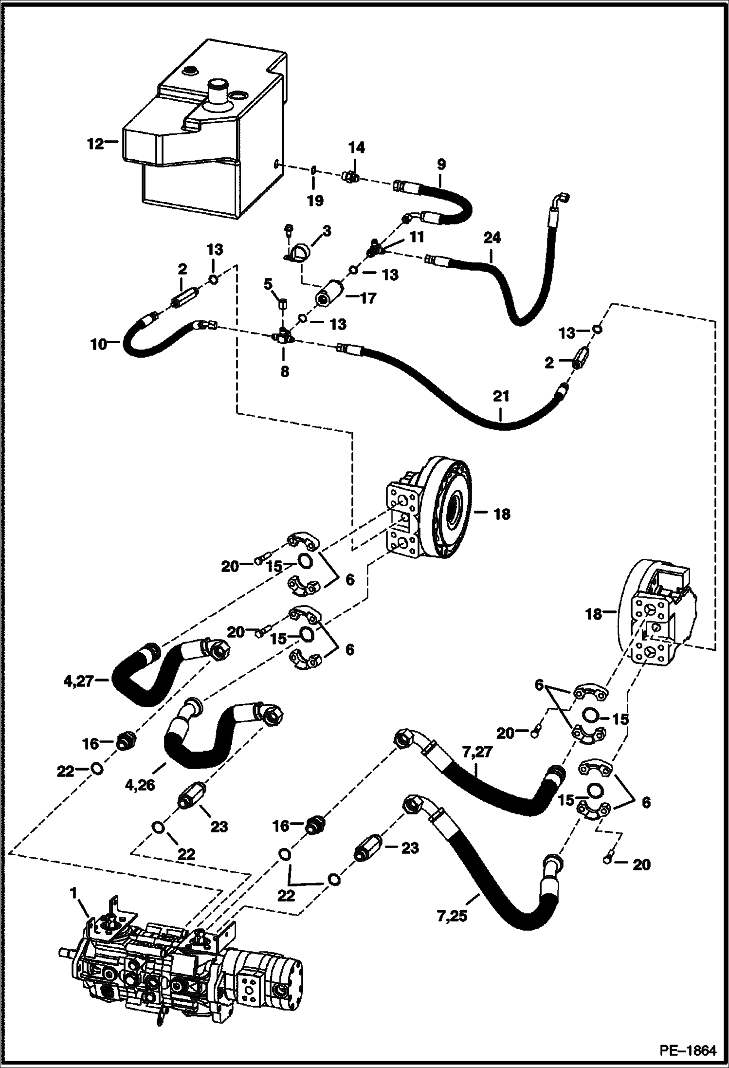 Схема запчастей Bobcat S-Series - HYDROSTATIC CIRCUITRY (W/Motors) (S/N 521313913, 521411181, 521512100, 521611030 & Above) (526011001-15999, 526111001-11999, 525811001-14999, 525911001-11999) HYDROSTATIC SYSTEM