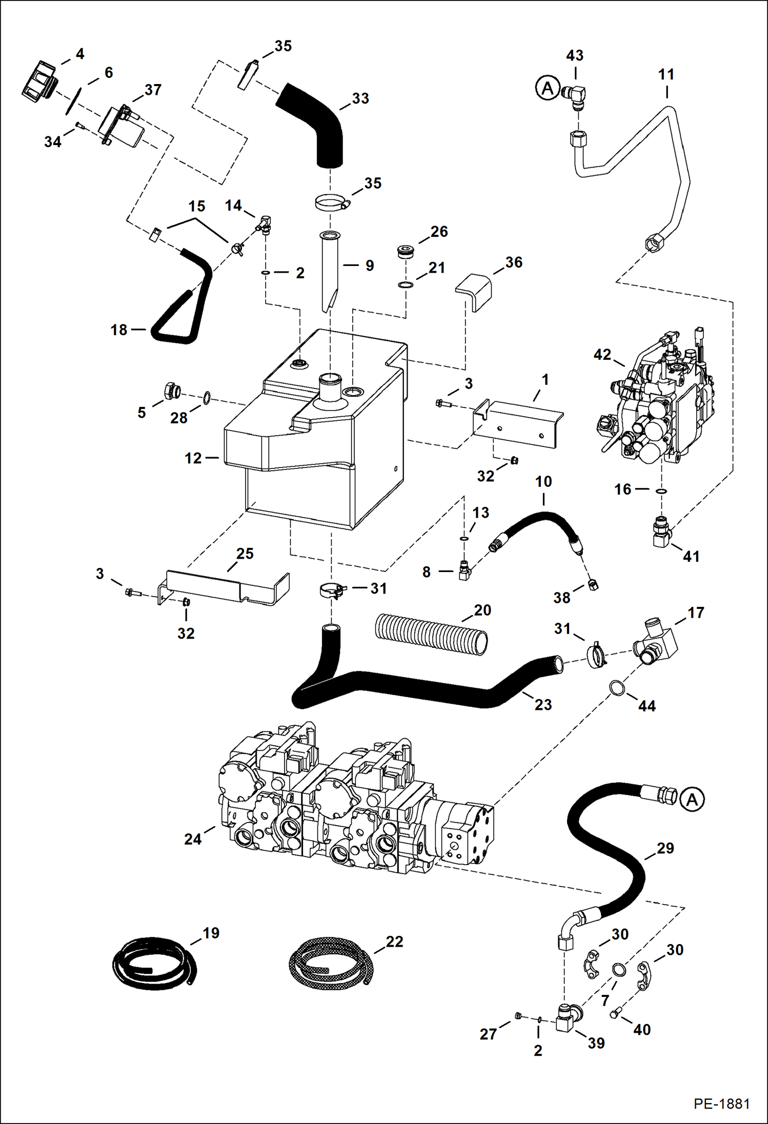 Схема запчастей Bobcat S-Series - HYDROSTATIC CIRCUITRY (W/Tank) (W/Selectable Joystick Controls) (S/N 523211001, 523311001 & Above) (S/N 526211001-13999 & 526311001-11999) HYDROSTATIC SYSTEM