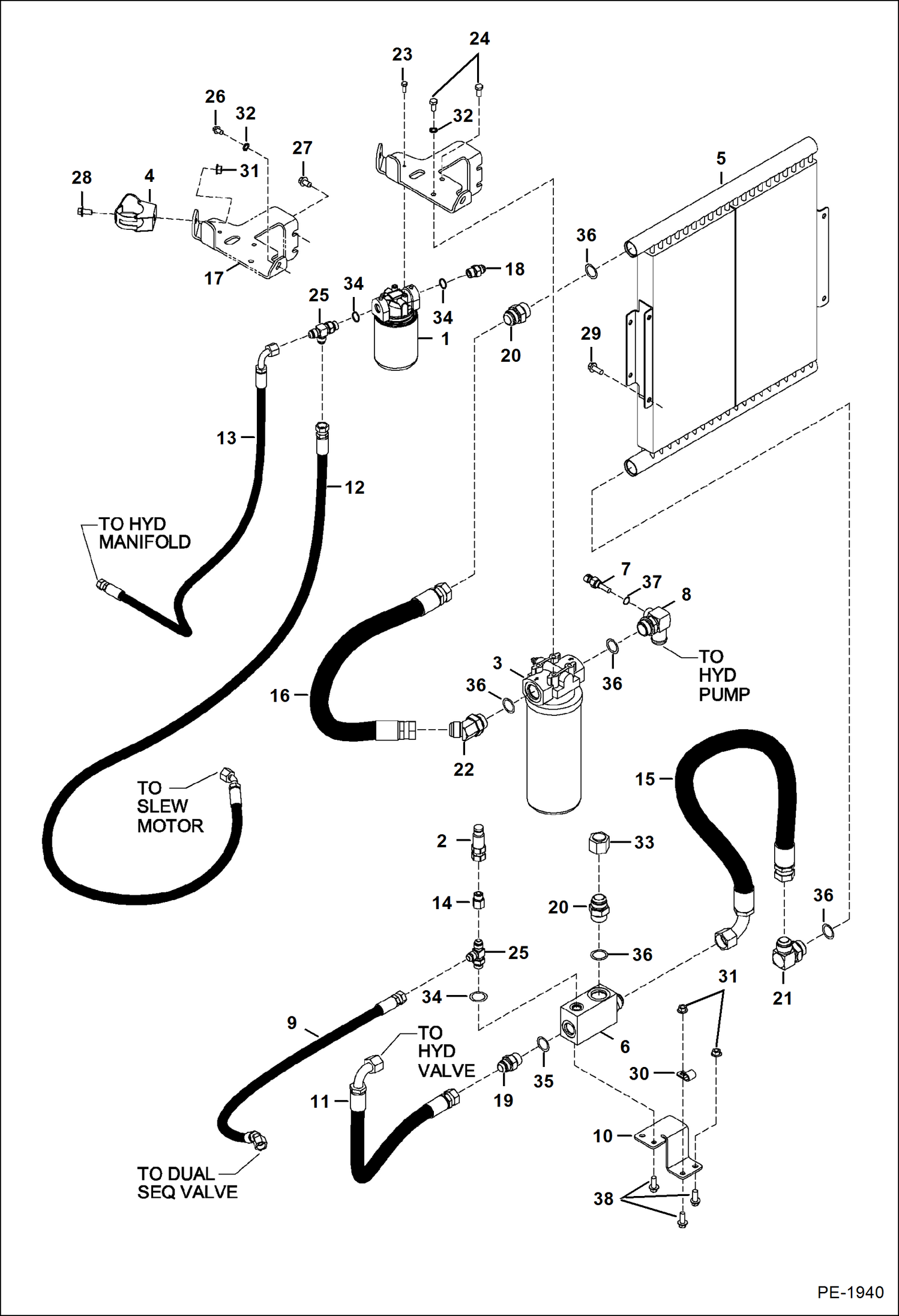 Схема запчастей Bobcat 337 - HYDRAULIC CIRCUITRY (Cooler - Filters) (S/N 233312196 & Above and 233212310 & Above) HYDRAULIC SYSTEM