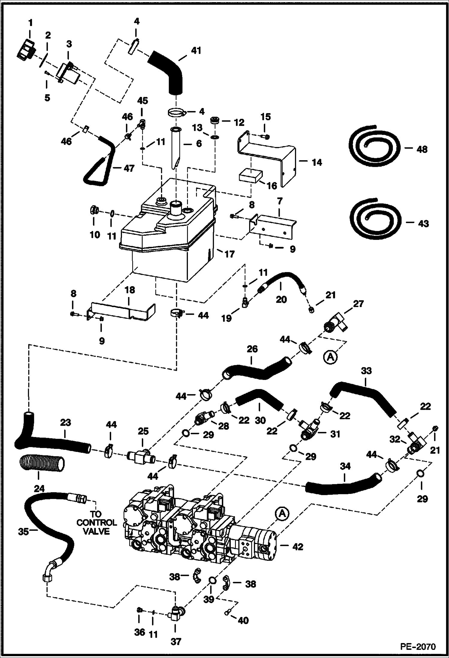 Схема запчастей Bobcat A-Series - HYDROSTATIC CIRCUITRY (W/Tank) (S/N 523411001, 523511001 & Above) (S/N 526411001-11999, 526511001-11999) HYDROSTATIC SYSTEM