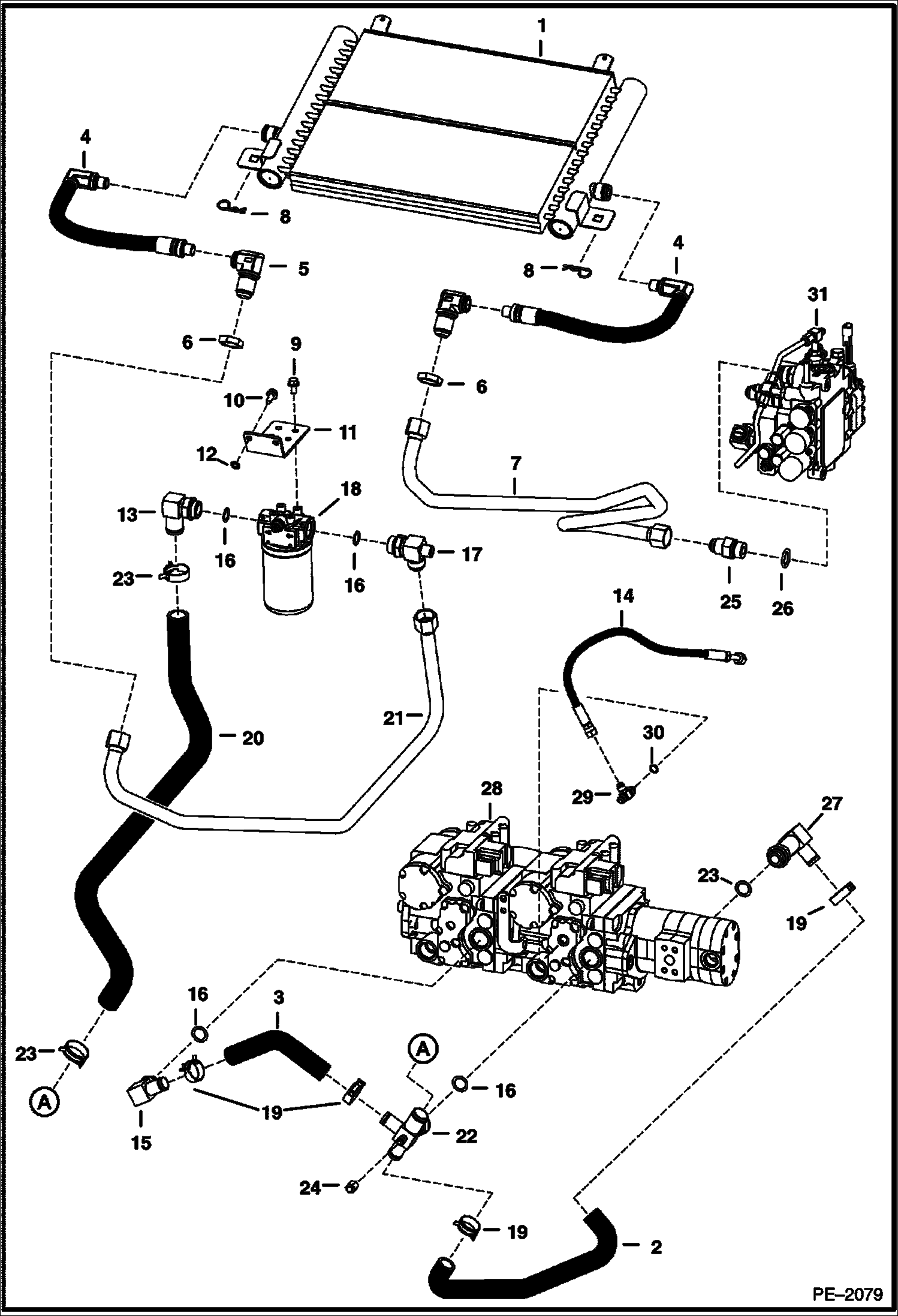 Схема запчастей Bobcat A-Series - HYDROSTATIC CIRCUITRY (W/Cooler) (S/N 523411001, 523511001 & Above) (S/N 526411001-11999, 526511001-11999) HYDROSTATIC SYSTEM