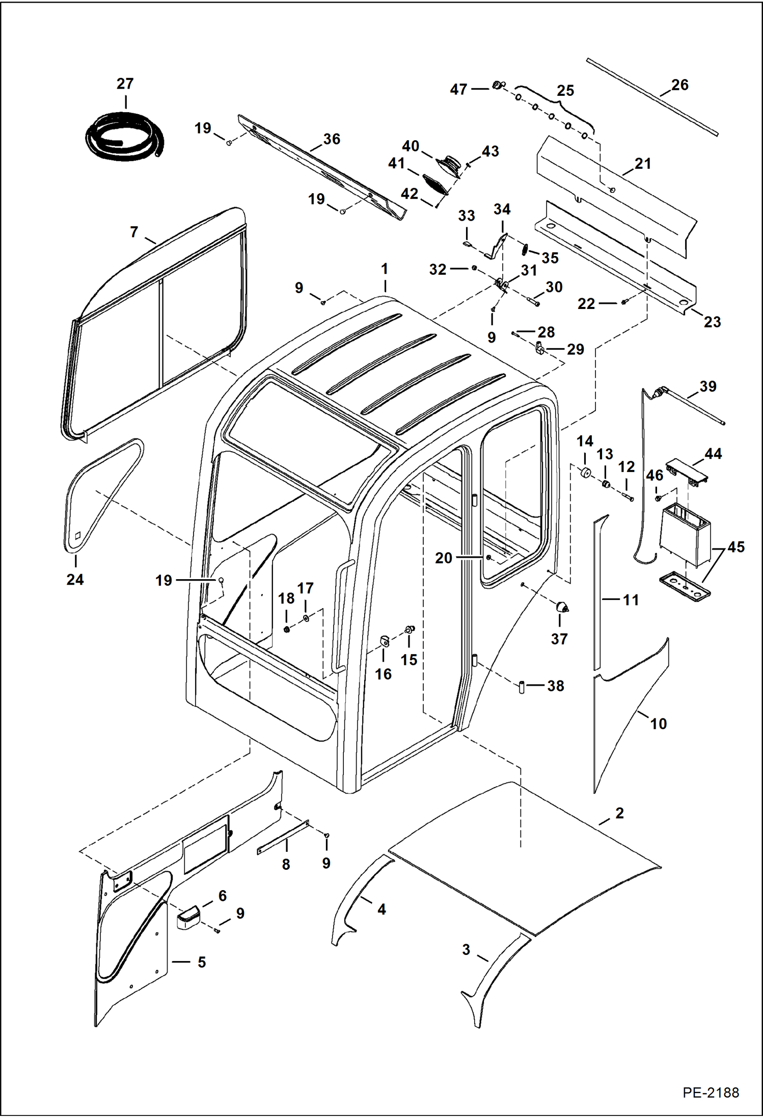 Схема запчастей Bobcat 325 - OPERATOR CAB (RH Window & Insulation) MAIN FRAME