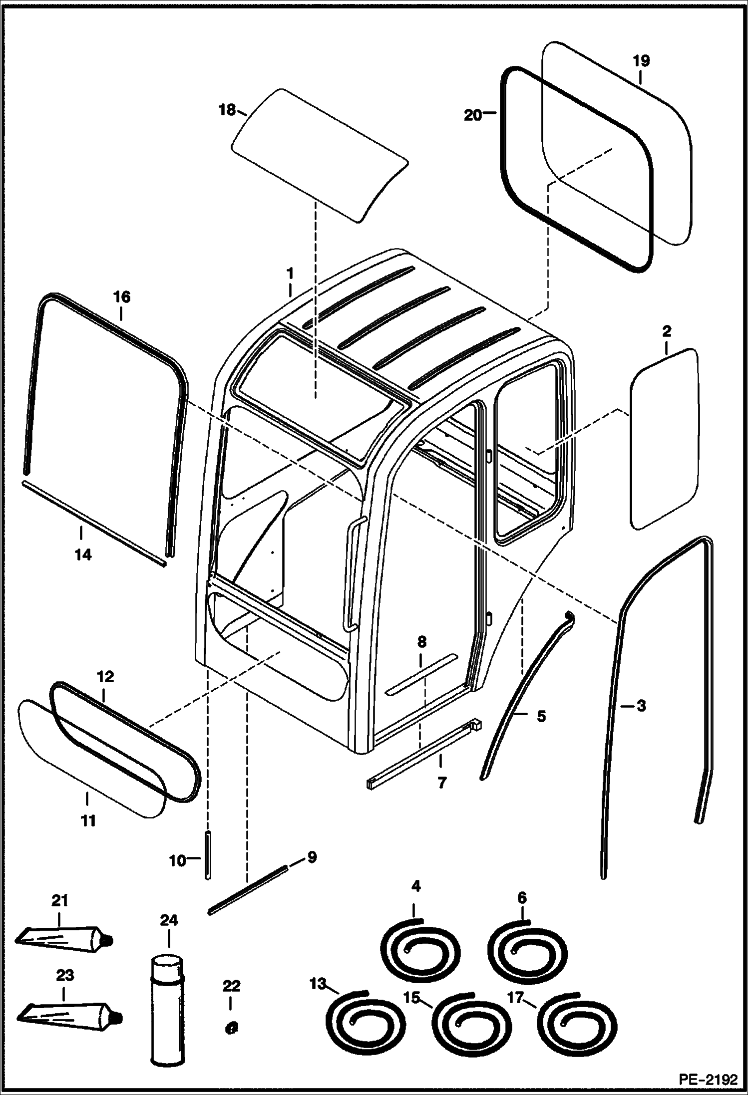 Схема запчастей Bobcat 334 - OPERATOR CAB (Windows & Seals) MAIN FRAME