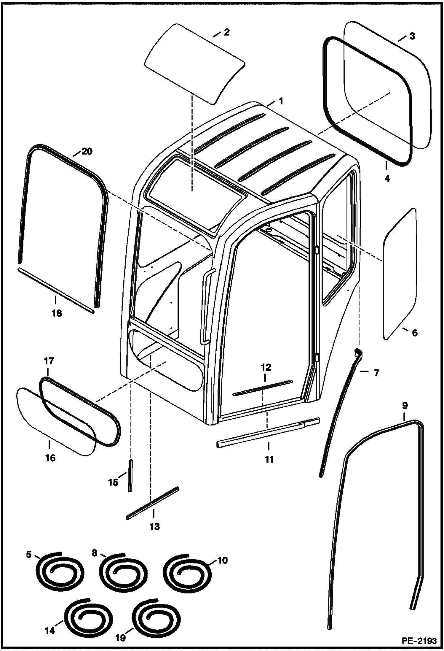 Схема запчастей Bobcat 428 - OPERATOR CAB (Windows & Seals) MAIN FRAME