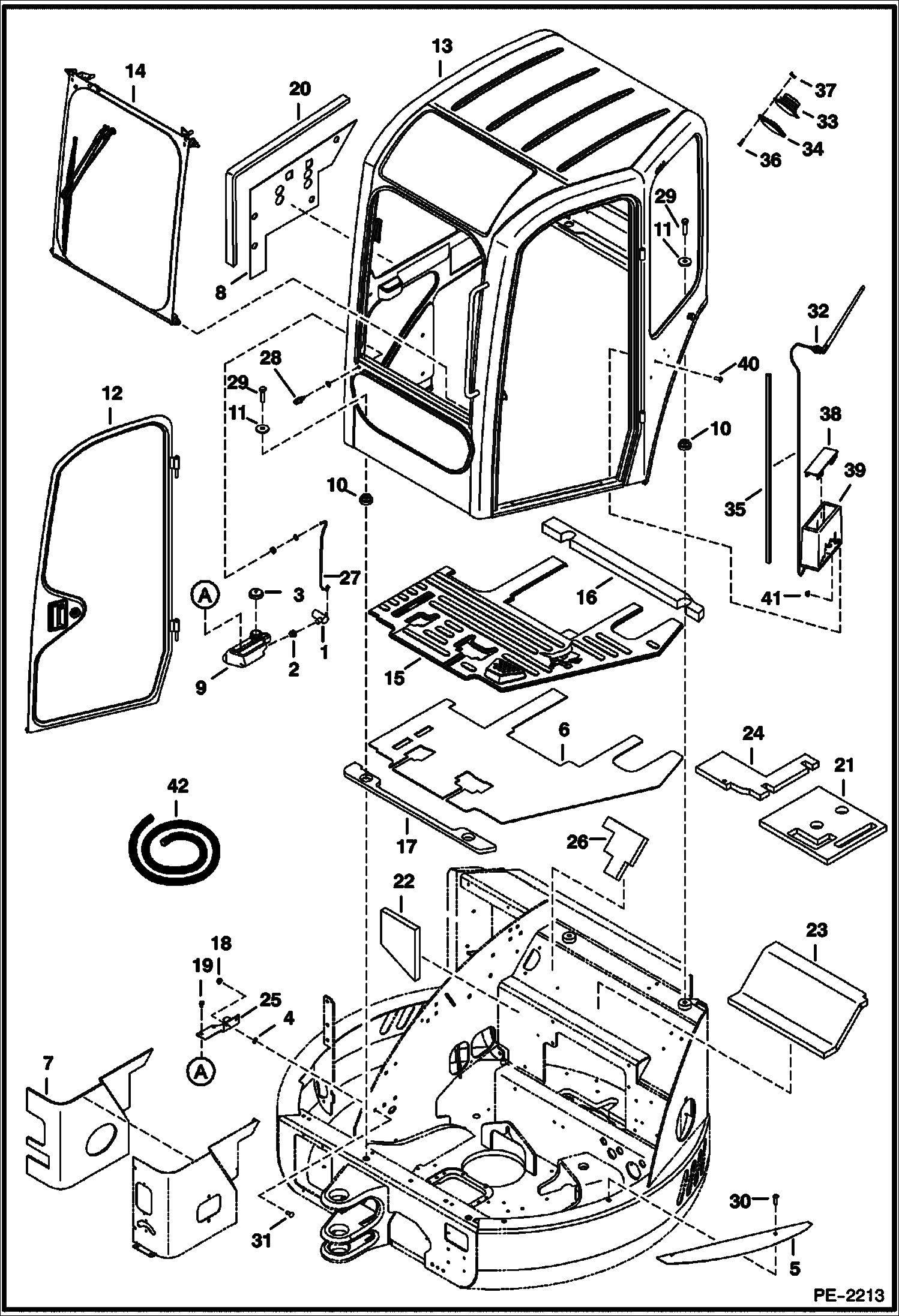 Схема запчастей Bobcat 435 - OPERATOR CAB (Mounting, Front Window, Door) (Radio Ready) MAIN FRAME