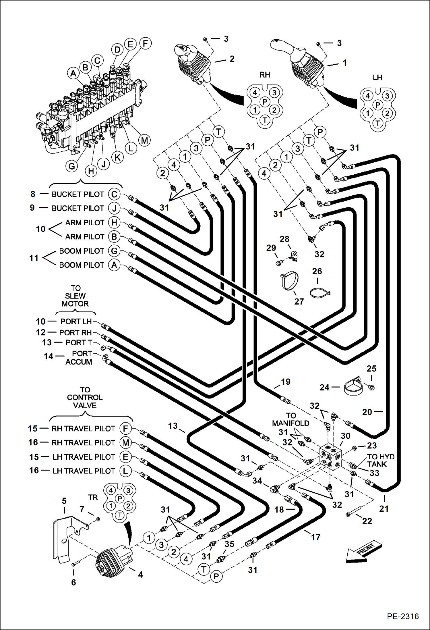 Схема запчастей Bobcat 435 - HYDRAULIC CIRCUITRY (Pilot) (S/N 5631 11001-13999, 14007-14999) HYDRAULIC SYSTEM