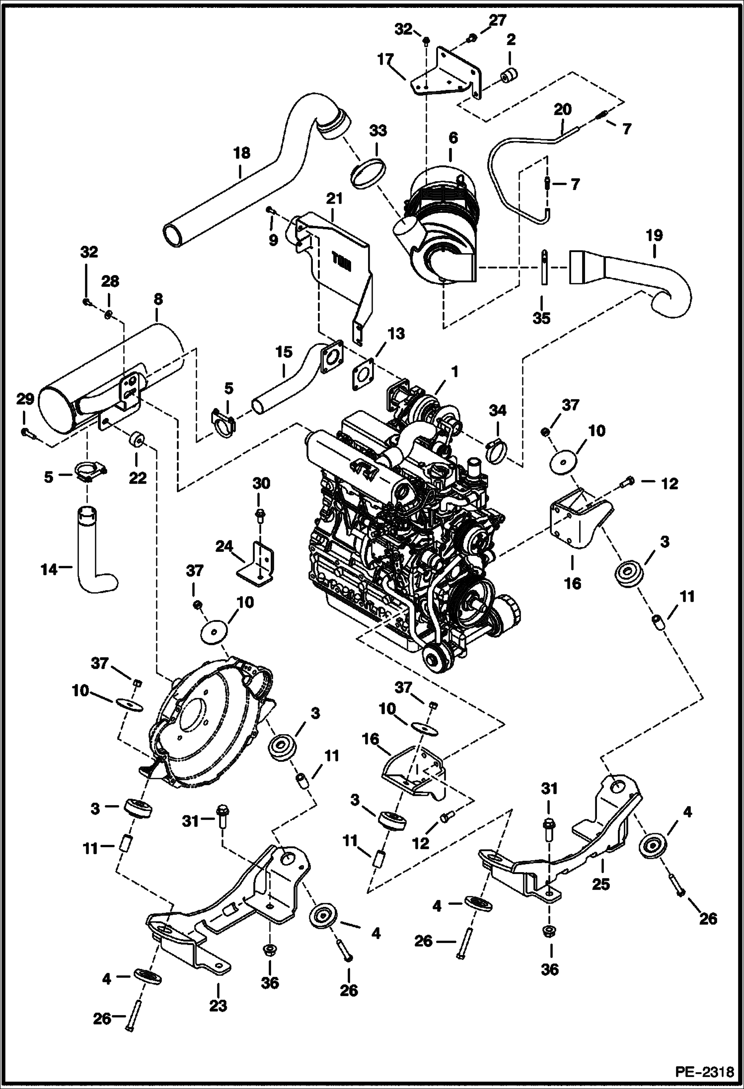 Схема запчастей Bobcat 435 - ENGINE & ATTACHING PARTS (Air Cleaner, Muffler, Engine Mounts) (S/N 563112001 & Below) POWER UNIT