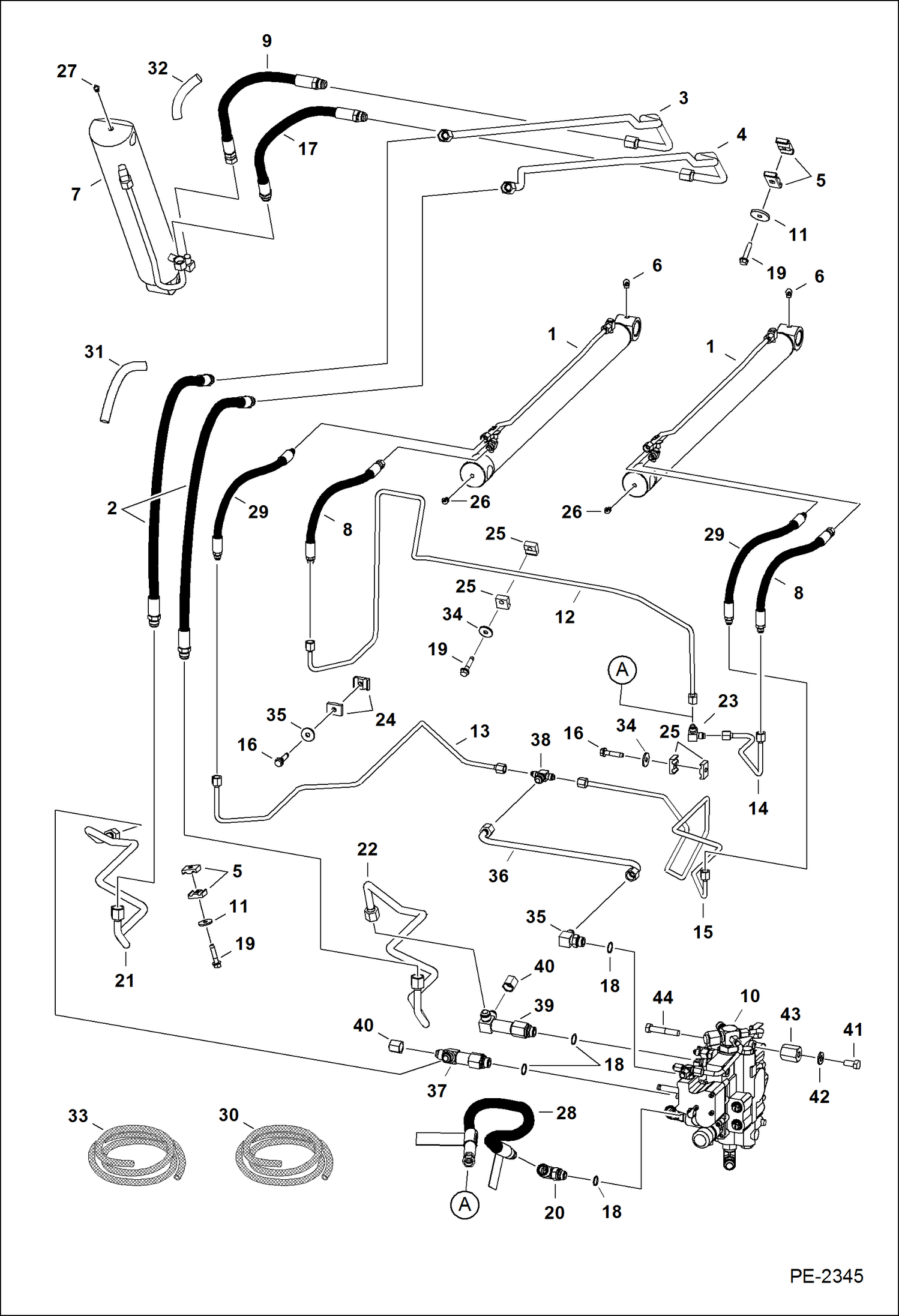 Схема запчастей Bobcat S-Series - HYDRAULIC CIRCUITRY (W/O Bucket Positioning Valve) HYDRAULIC SYSTEM