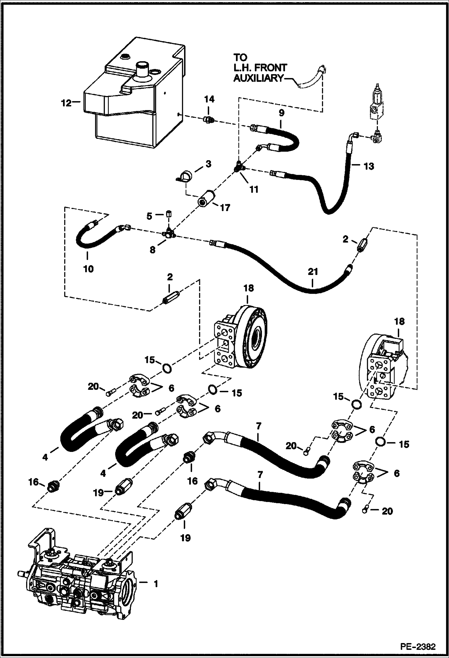 Схема запчастей Bobcat S-Series - HYDROSTATIC CIRCUITRY (W/Motors) (W/Manual Controls) (S/N 526016000, 526112000, 525815000, 525912000 & Above) HYDROSTATIC SYSTEM