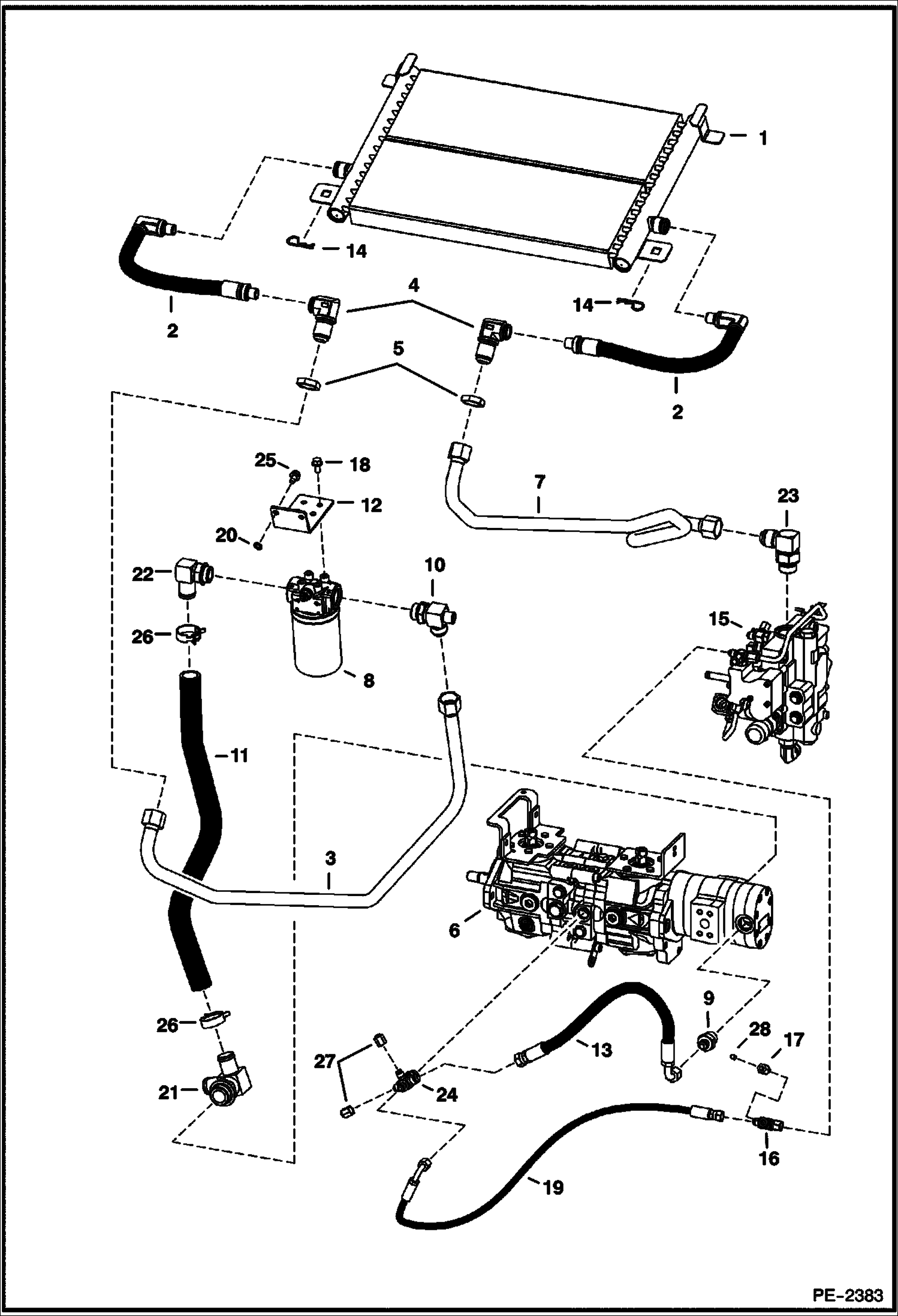 Схема запчастей Bobcat S-Series - HYDROSTATIC CIRCUITRY (W/Cooler) (Manual Controls) (S/N 526016000, 526112000, 525815000, 525912000 & Above) HYDROSTATIC SYSTEM