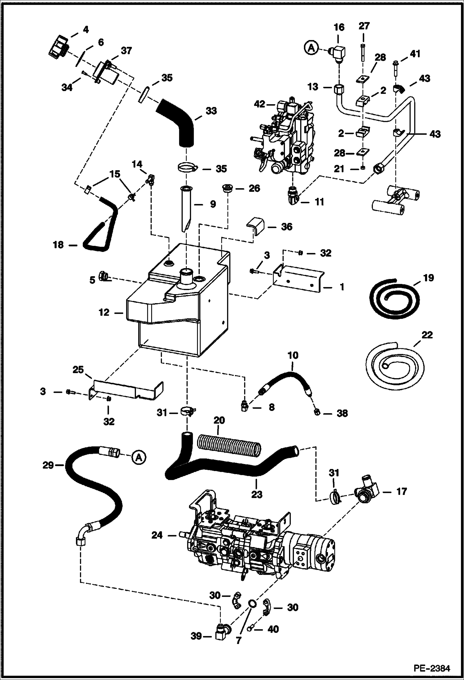 Схема запчастей Bobcat S-Series - HYDROSTATIC CIRCUITRY (W/Tank) (Manual Controls) (D-Series Valve) (S/N 526214000, 526312000 & Above) HYDROSTATIC SYSTEM