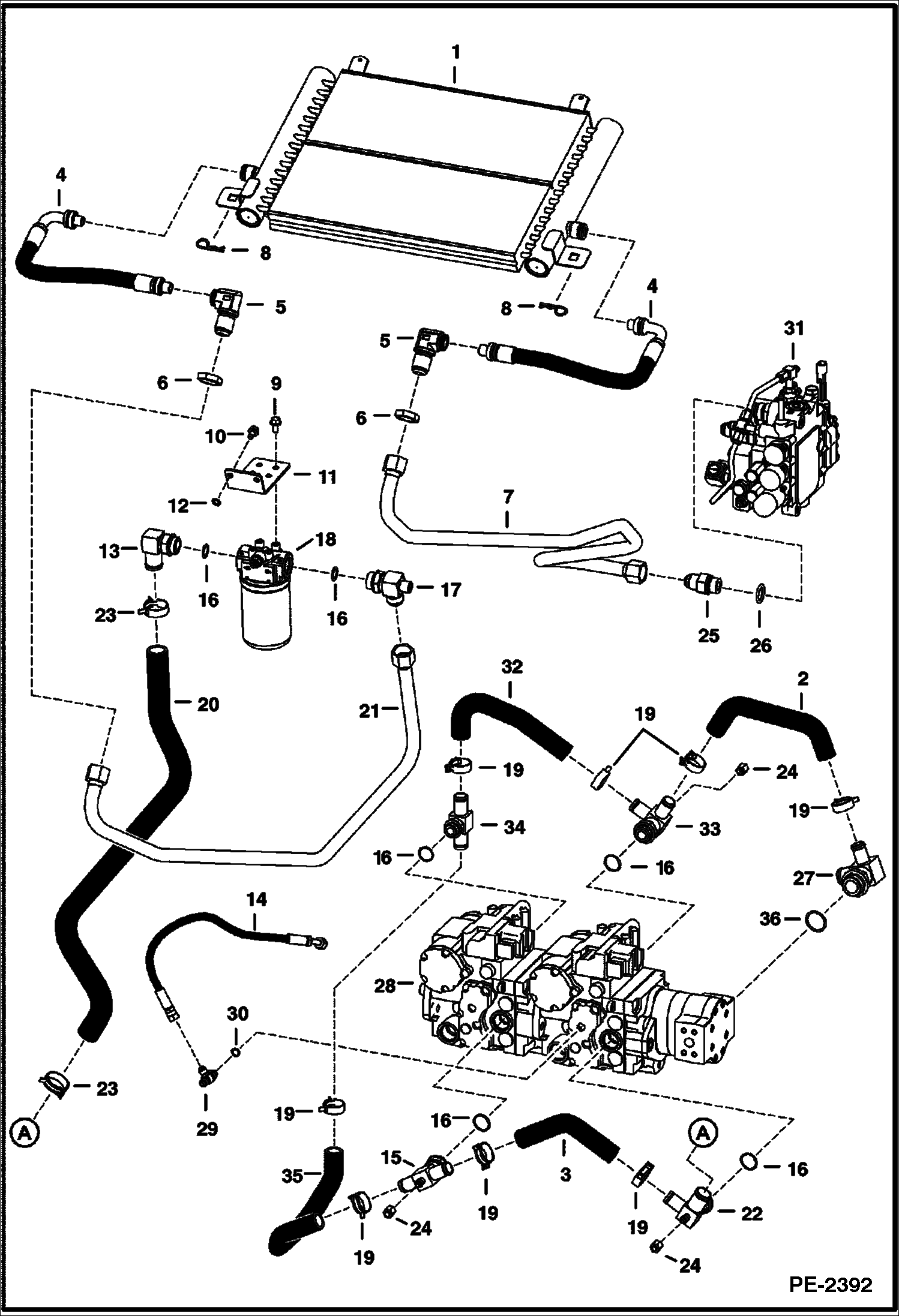 Схема запчастей Bobcat T-Series - HYDROSTATIC CIRCUITRY (W/Cooler) (W/SJC) S/N 523111001, 523011001 & Above) (S/N 525611001-12999, 525711001-11999) HYDROSTATIC SYSTEM