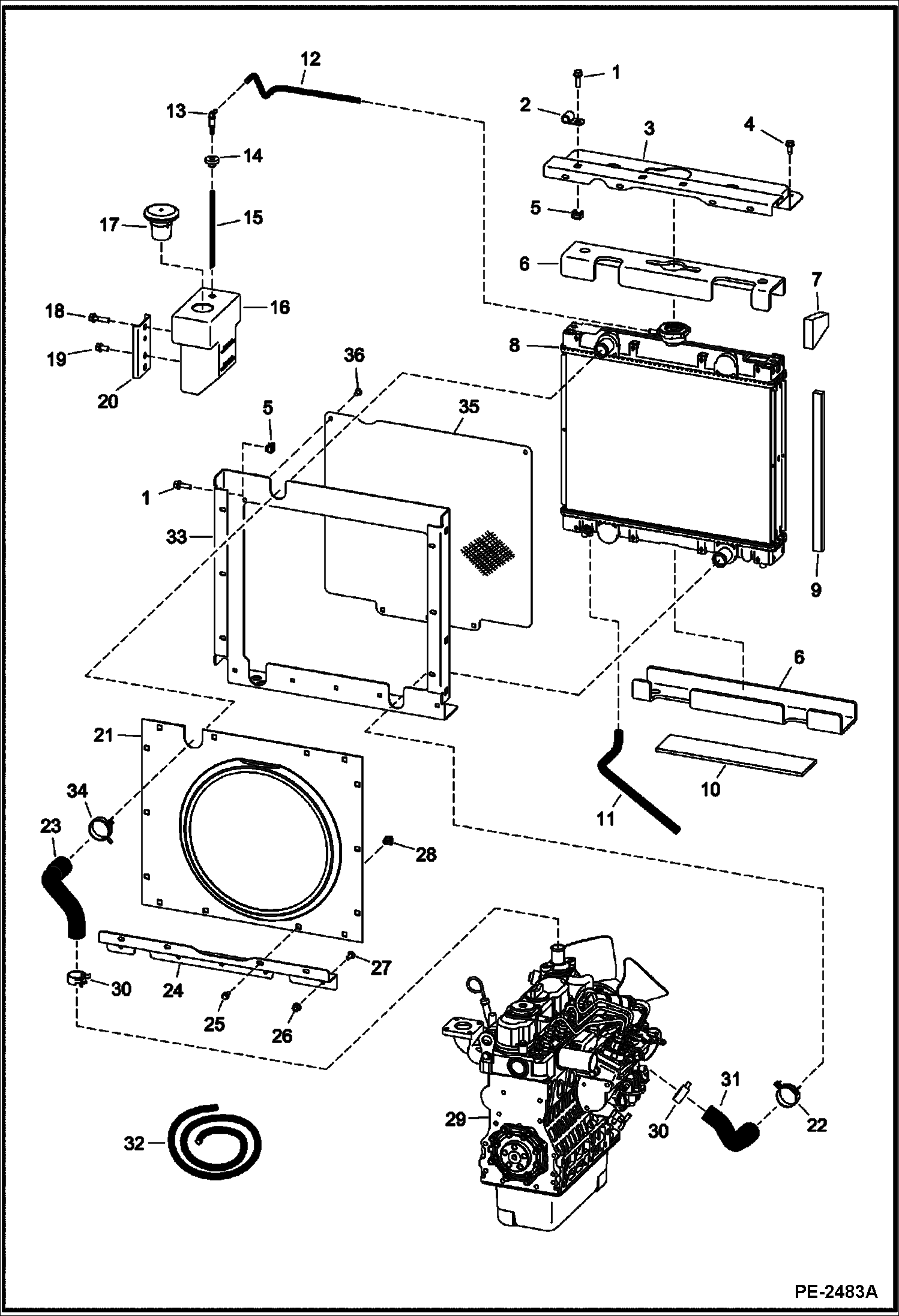 Схема запчастей Bobcat Mini Tracks Loaders - ENGINE & ATTACHING PARTS (Cooling Group) (Kubota - D902-E3B-BC-1)(Tier IV Replacement) REPLACEMENT ENGINE