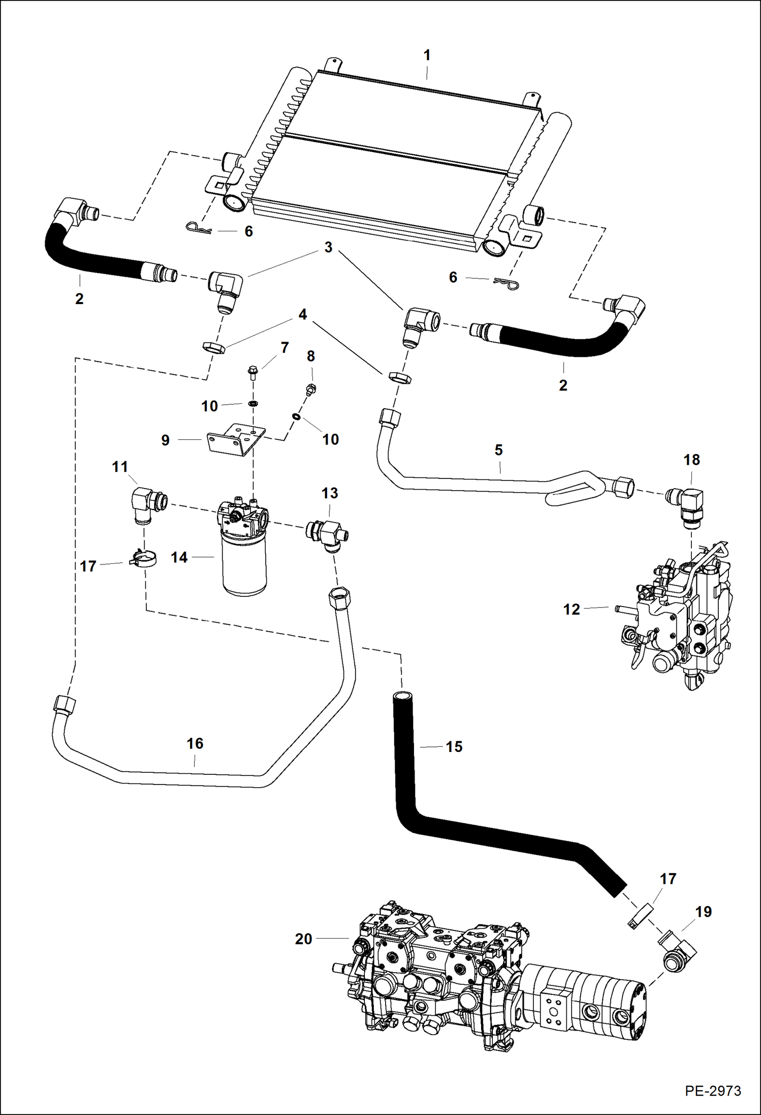 Схема запчастей Bobcat A-Series - HYDROSTATIC CIRCUITRY (W/Cooler) (W/O Cooling Upgrade) (S/N 539911674 & Below, 540011360 & Below) HYDROSTATIC SYSTEM