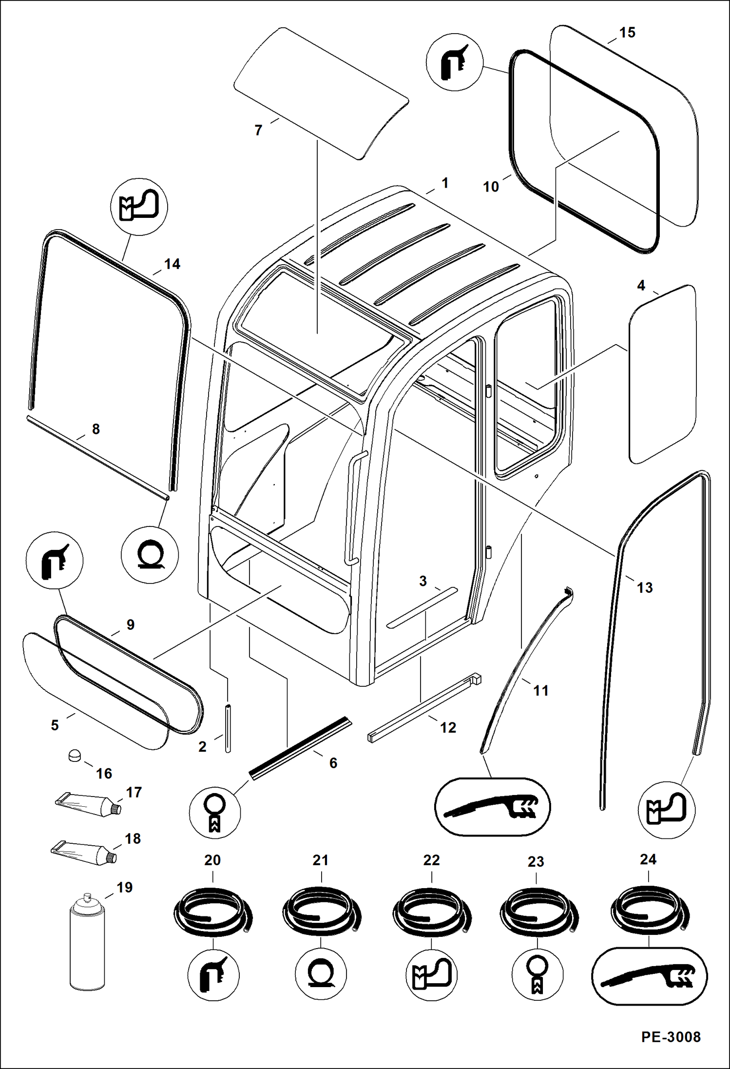 Схема запчастей Bobcat 325 - OPERATOR CAB (Windows & Seals) MAIN FRAME