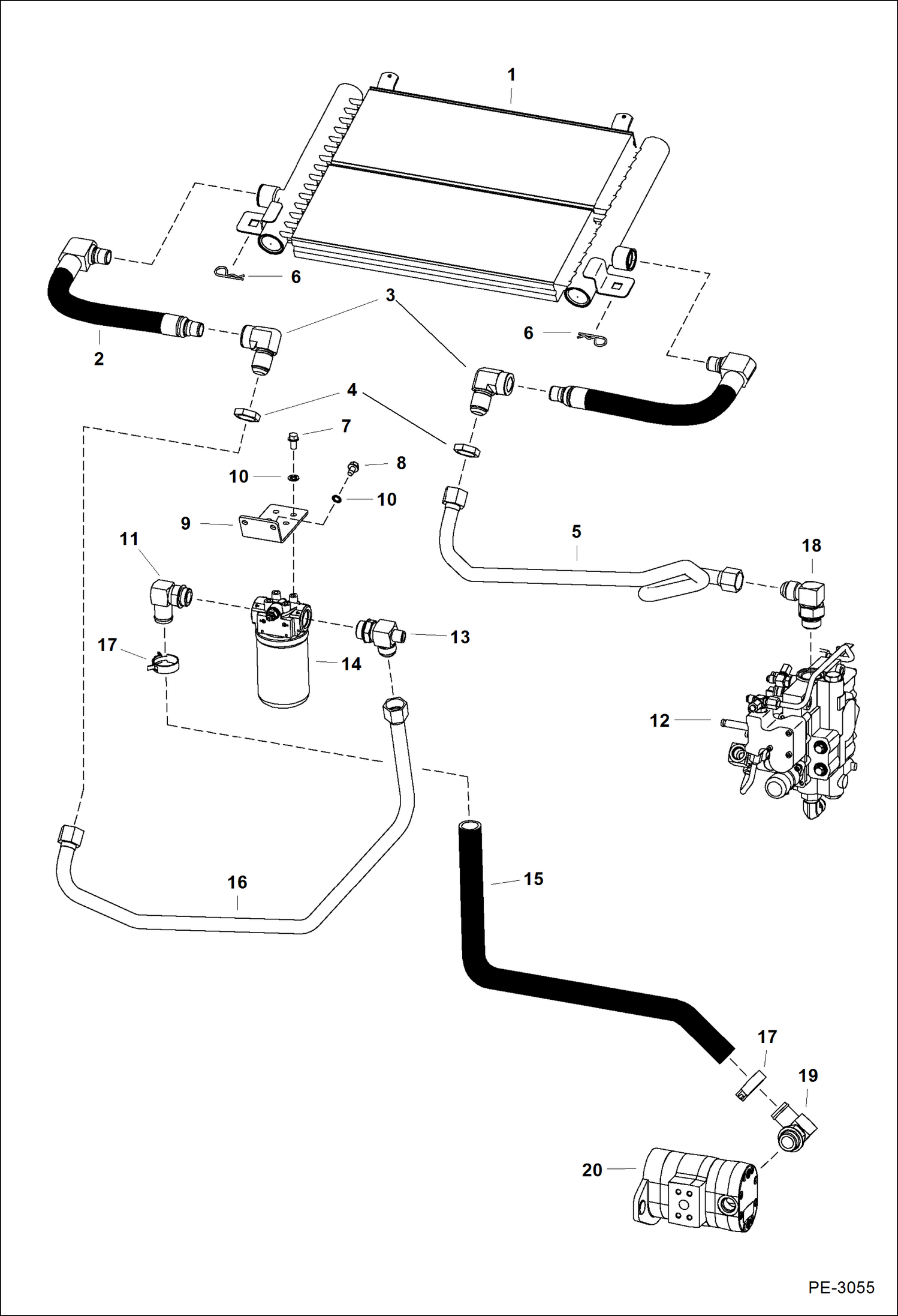 Схема запчастей Bobcat S-Series - HYDROSTATIC CIRCUITRY (W/Cooler) (W/O Cooling Upgrade) (S/N 530713065 & Below, 530811454 & Below) HYDROSTATIC SYSTEM