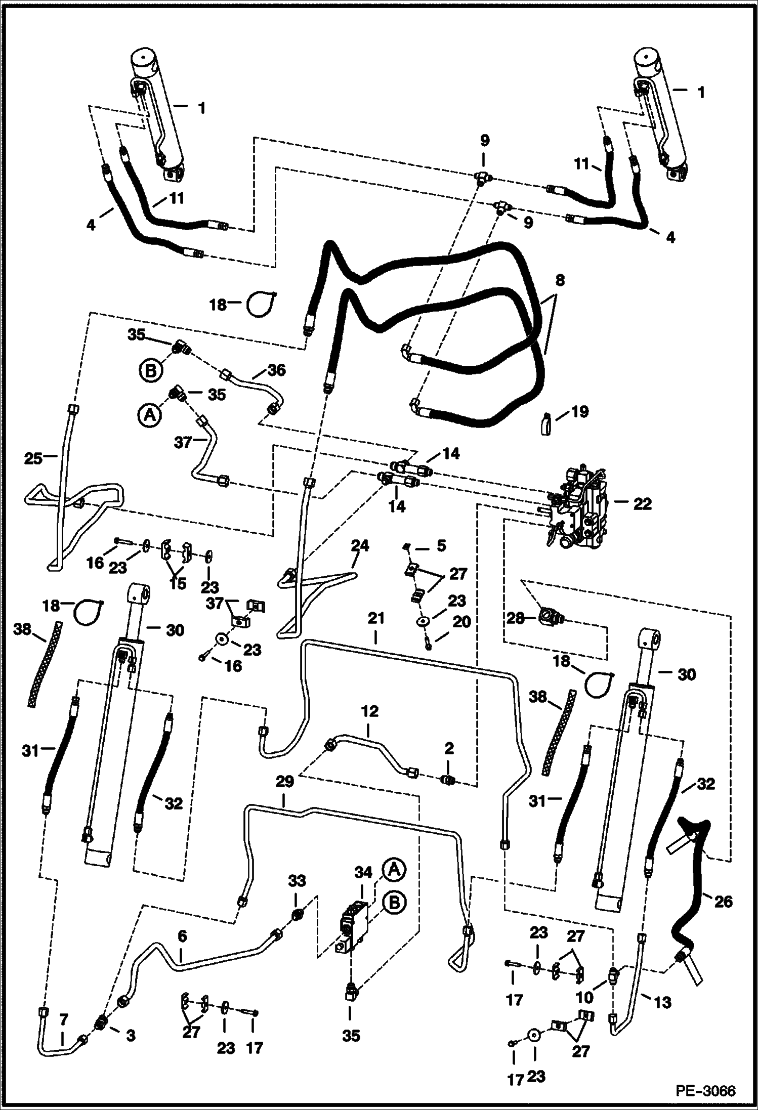 Схема запчастей Bobcat T-Series - HYDRAULIC CIRCUITRY (W/Bucket Positioning Valve) (W/O Cooling Upgrade) (S/N 532015065 & Below, 532111566 & Below) HYDRAULIC SYSTEM