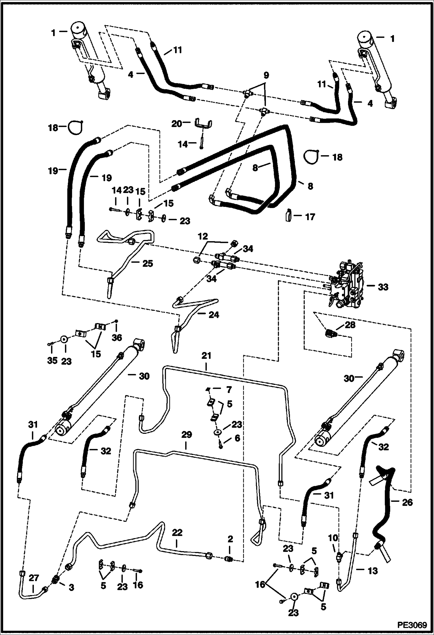 Схема запчастей Bobcat S-Series - HYDRAULIC CIRCUITRY (W/O Bucket Positioning Valve) (W/O Cooling Upgrade) (S/N 530713065 & Below, 530811454 & Below HYDRAULIC SYSTEM