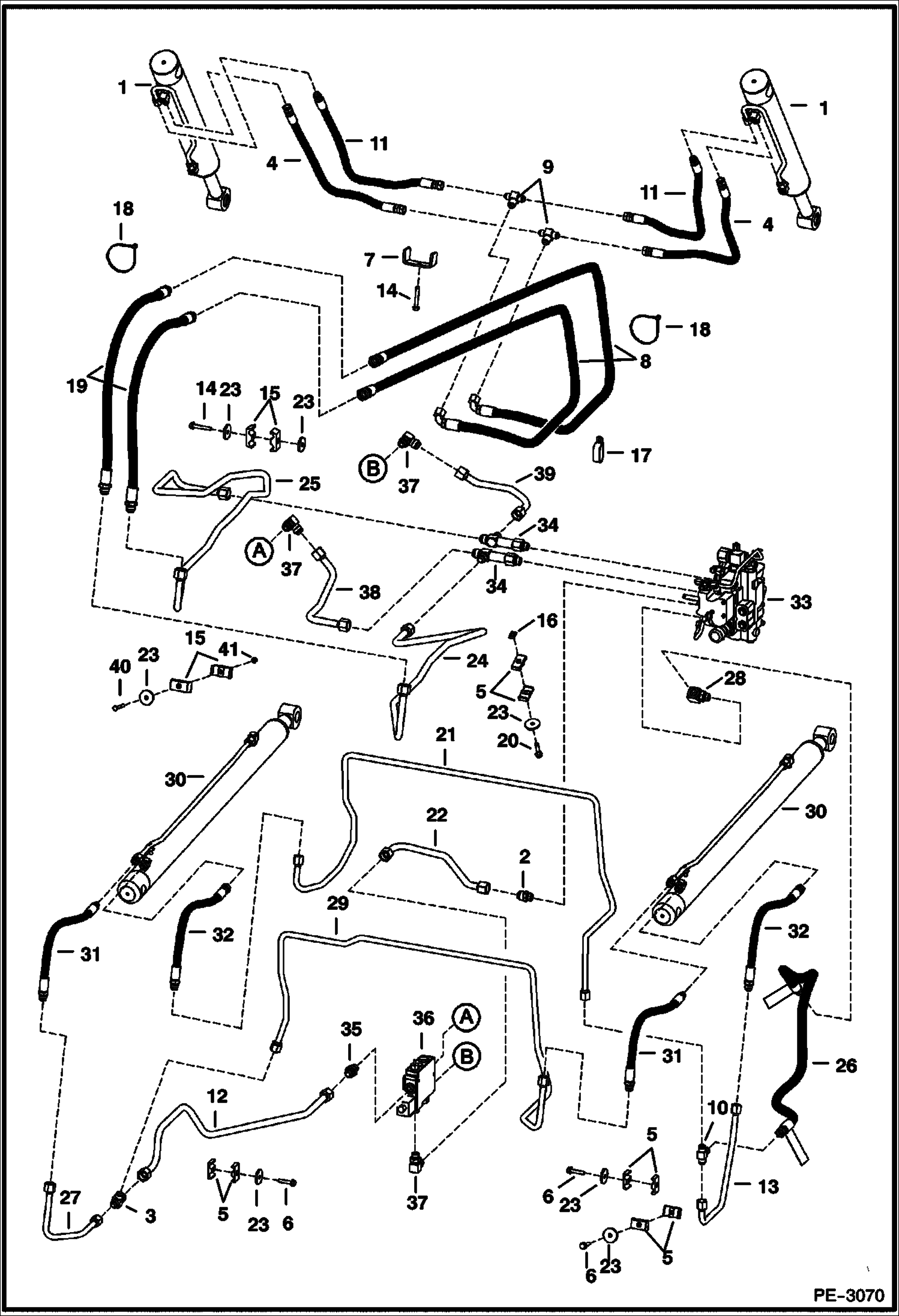 Схема запчастей Bobcat T-Series - HYDRAULIC CIRCUITRY (W/Bucket Positioning Valve) (W/O Cooling Upgrade) (S/N 531812825 & Below, 531911354 & Below HYDRAULIC SYSTEM