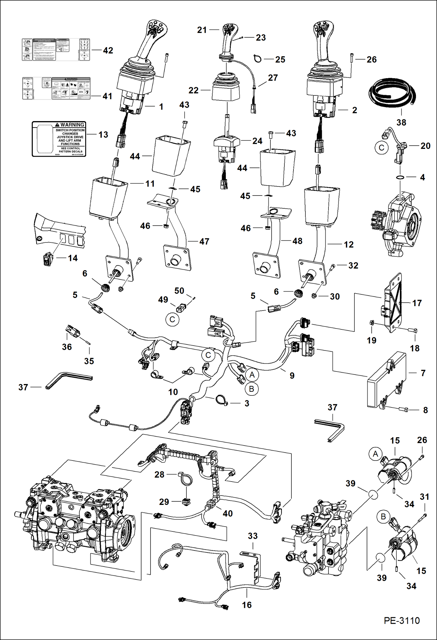 Схема запчастей Bobcat S-Series - CONTROLS ELECTRICAL (Selectable Joystick Controls) (S/N 529712668 & Above, 529811322 & Above, A15011001 & Above, A8M011001 & Above, AC3011001 - 59999) ELECTRICAL SYSTEM