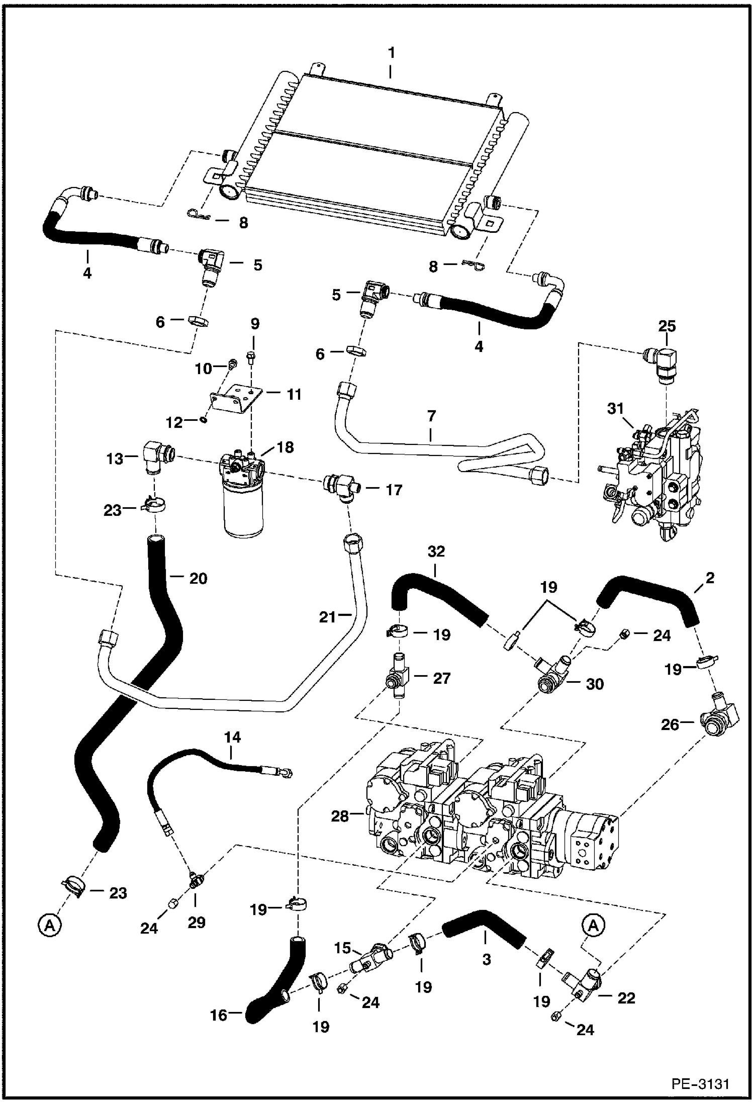 Схема запчастей Bobcat S-Series - HYDROSTATIC CIRCUITRY (W/Cooler) (W/SJC) (S/N 526016000, 526112000, 525815000, 525912000 & Above) HYDROSTATIC SYSTEM