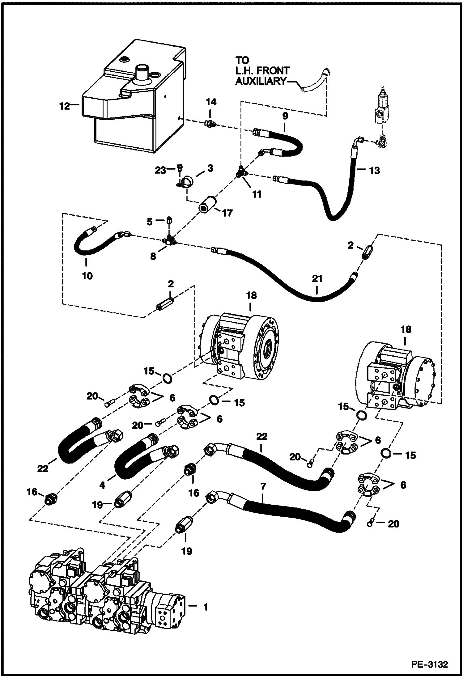 Схема запчастей Bobcat S-Series - HYDROSTATIC CIRCUITRY (W/Motors) (W/Selectable Joystick Controls) (S/N 526214000, 526312000 & Above) HYDROSTATIC SYSTEM