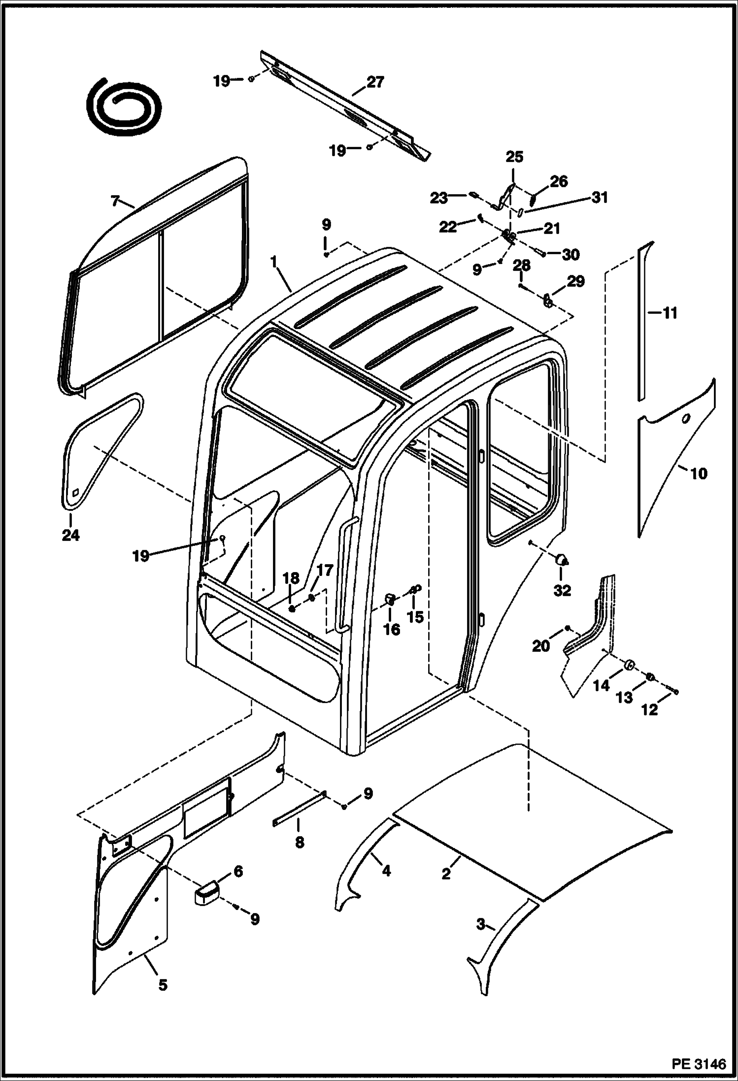 Схема запчастей Bobcat 320 - OPERATOR CAB (RH Window & Insulation) MAIN FRAME