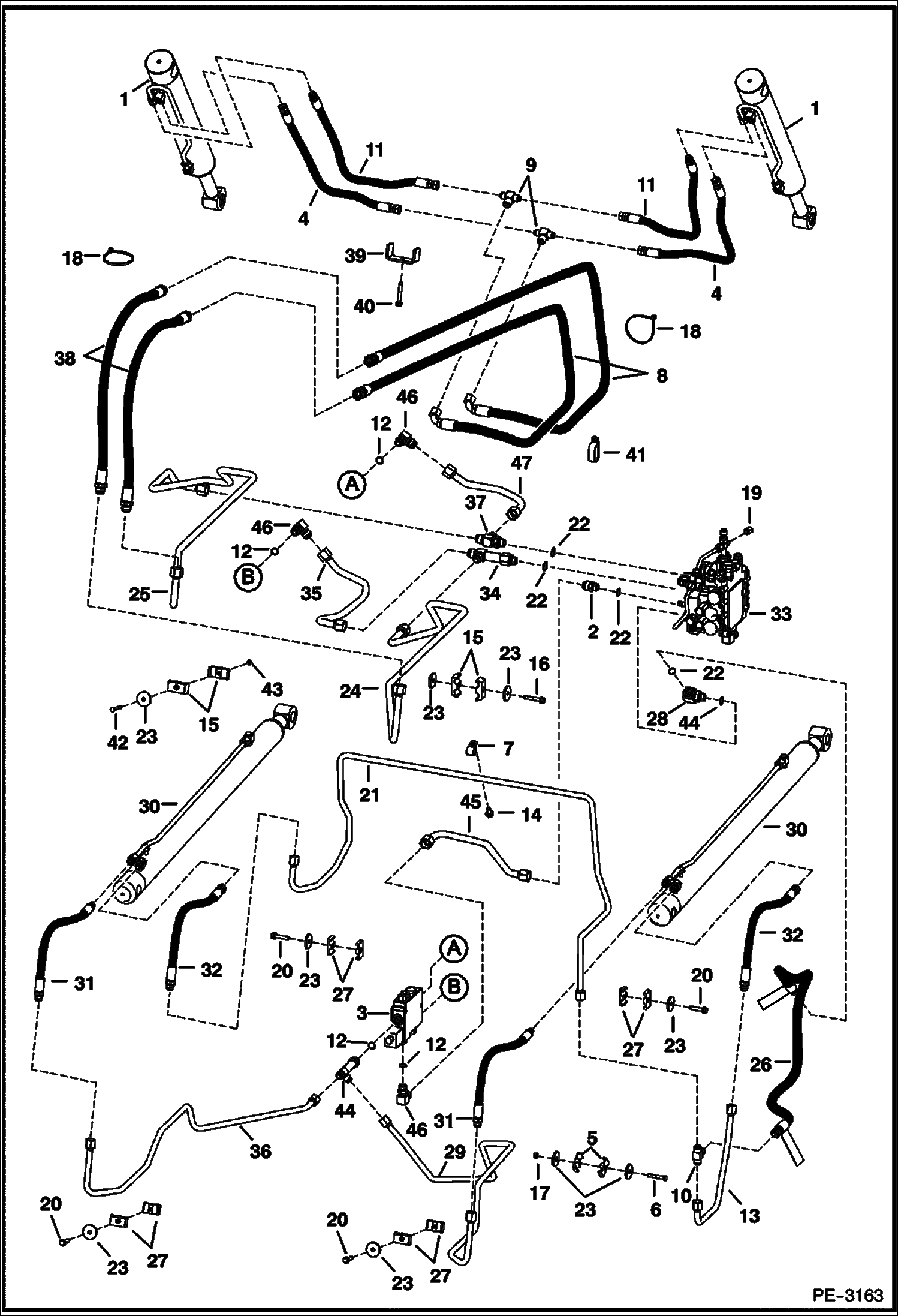 Схема запчастей Bobcat S-Series - HYDRAULIC CIRCUITRY (W/ Bucket Positioning Valve) (S/N 523211001, 523311001 & Above) (S/N 526211001-13999, 526311001-11999) HYDRAULIC SYSTEM