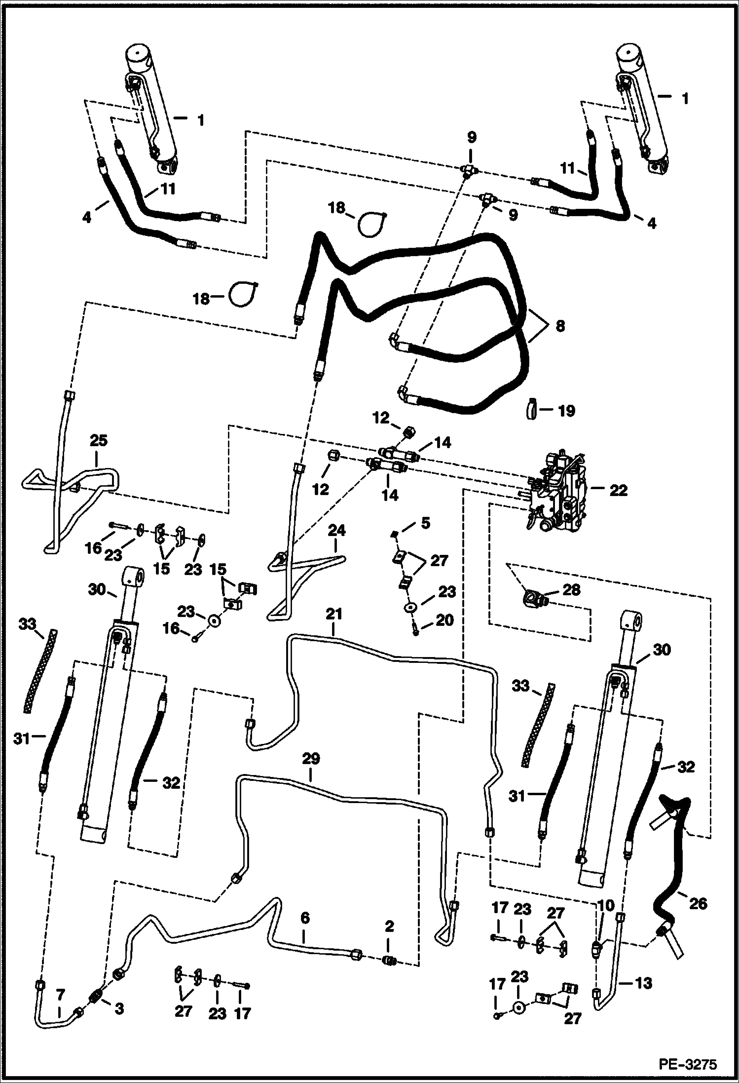 Схема запчастей Bobcat T-Series - HYDRAULIC CIRCUITRY (W/O Bucket Positioning Valve) (W/Cooling Upgrade) (S/N 532015066 & Above, 532111567 & Above) HYDRAULIC SYSTEM