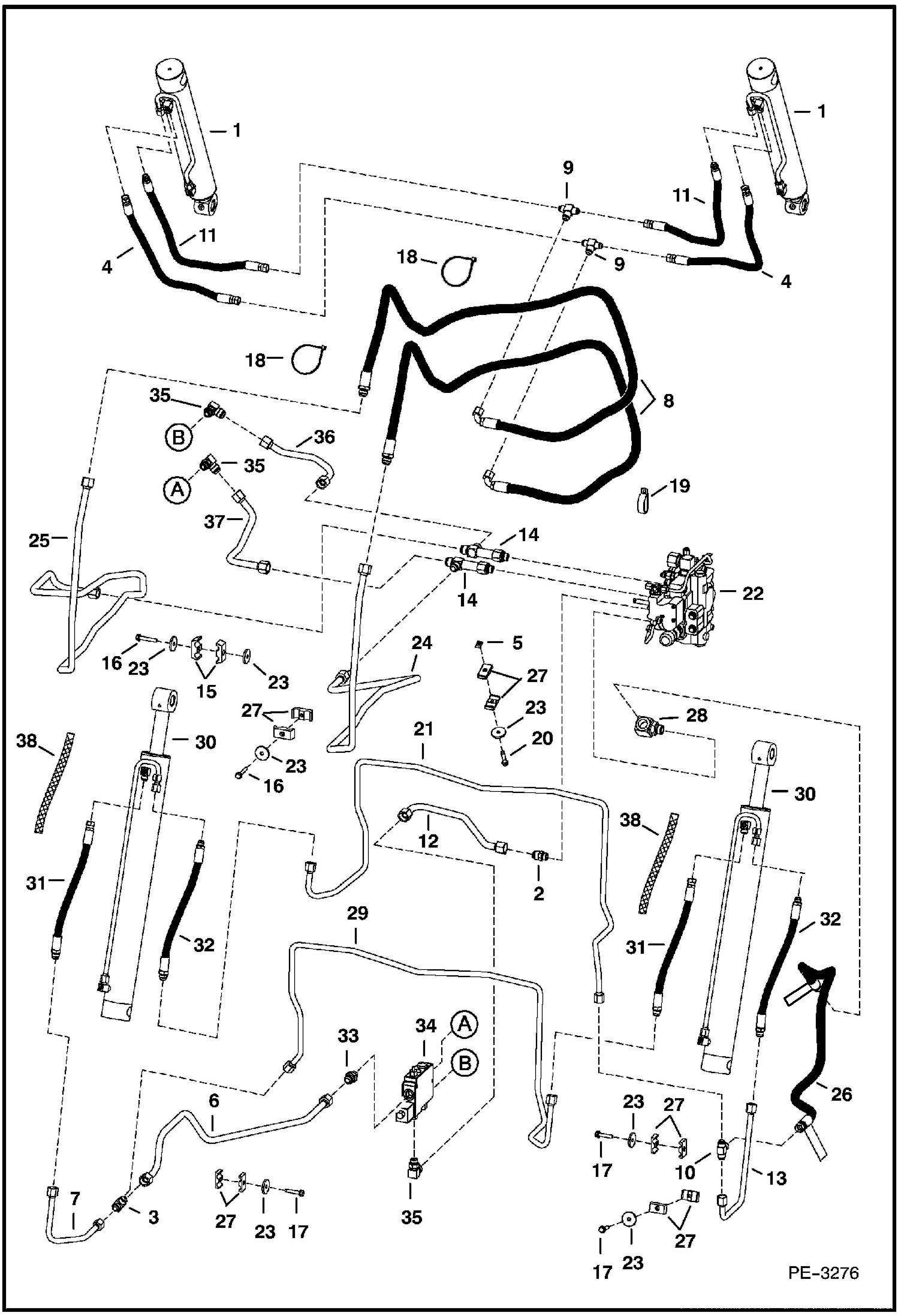 Схема запчастей Bobcat T-Series - HYDRAULIC CIRCUITRY (W/Bucket Positioning Valve) (W/Cooling Upgrade) (S/N 532015066 & Above, 532111567 & Above) HYDRAULIC SYSTEM