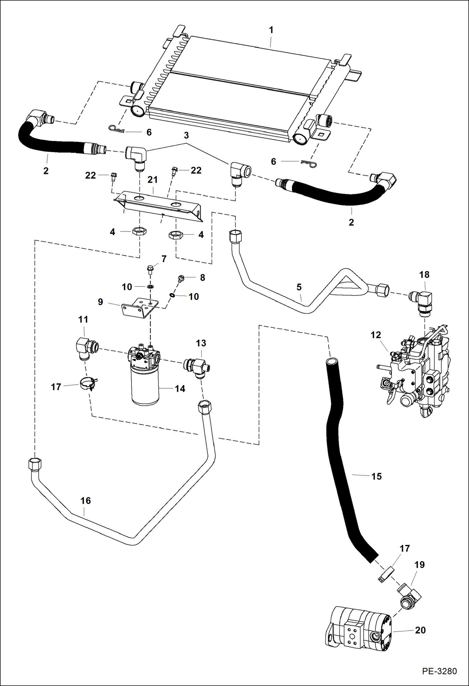 Схема запчастей Bobcat S-Series - HYDROSTATIC CIRCUITRY (W/Cooler) (W/Cooling Upgrade) (S/N 530713066 & Above, 530811455 & Above) HYDROSTATIC SYSTEM