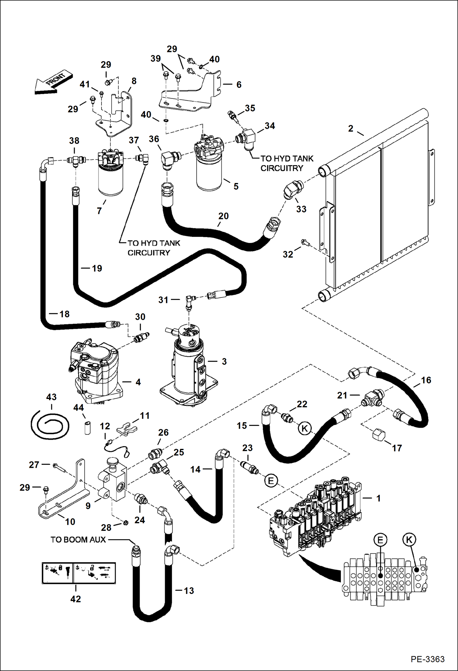 Схема запчастей Bobcat 331 - HYDRAULIC CIRCUITRY (Cooler/Filter & Direct to Tank) (S/N) (331) 234316877 & Above, (331E) 234413319 & Above, (334) 234515533 & Above HYDRAULIC SYSTEM