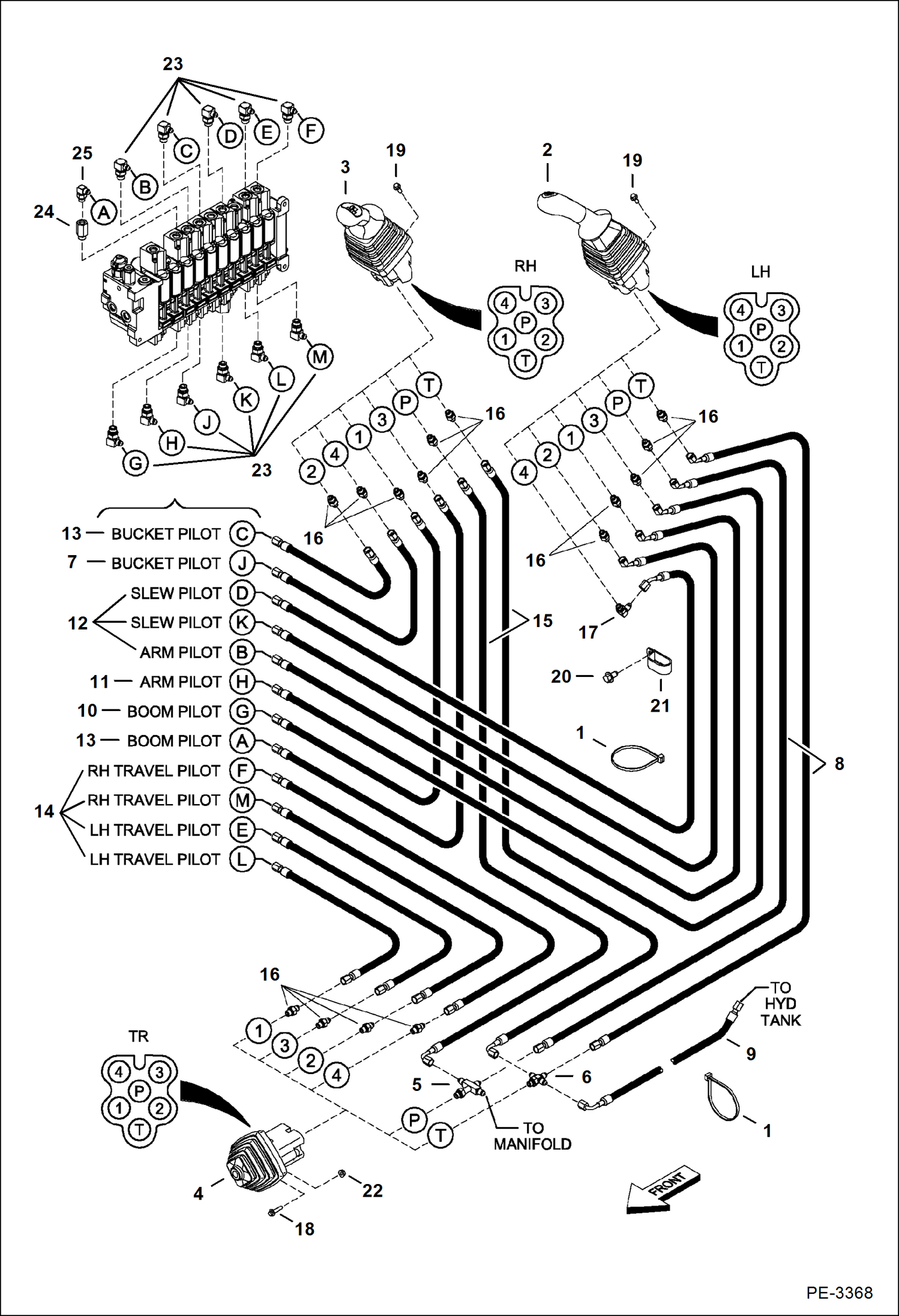 Схема запчастей Bobcat 331 - HYDRAULIC CIRCUITRY (Pilot) (S/N) (331) 234313000-234316876, (331E) 234412000-234413318, (334) 234513000-234515532 HYDRAULIC SYSTEM