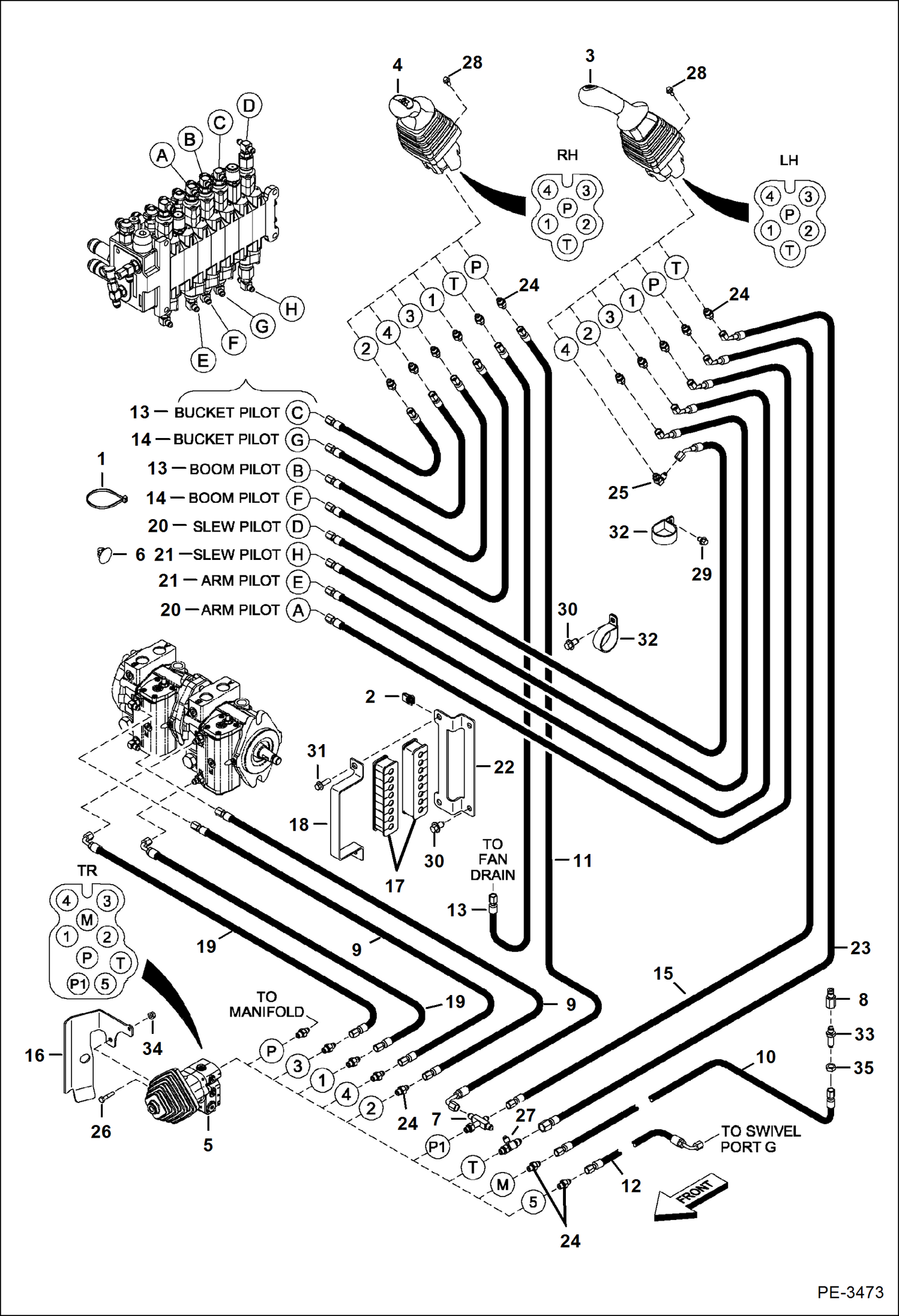 Схема запчастей Bobcat 435 - HYDRAULIC/HYDROSTATIC CIRCUITRY (Pilot) (S/N 5632 14000-14007, 15000 & Above) HYDRAULIC/HYDROSTATIC SYSTEM