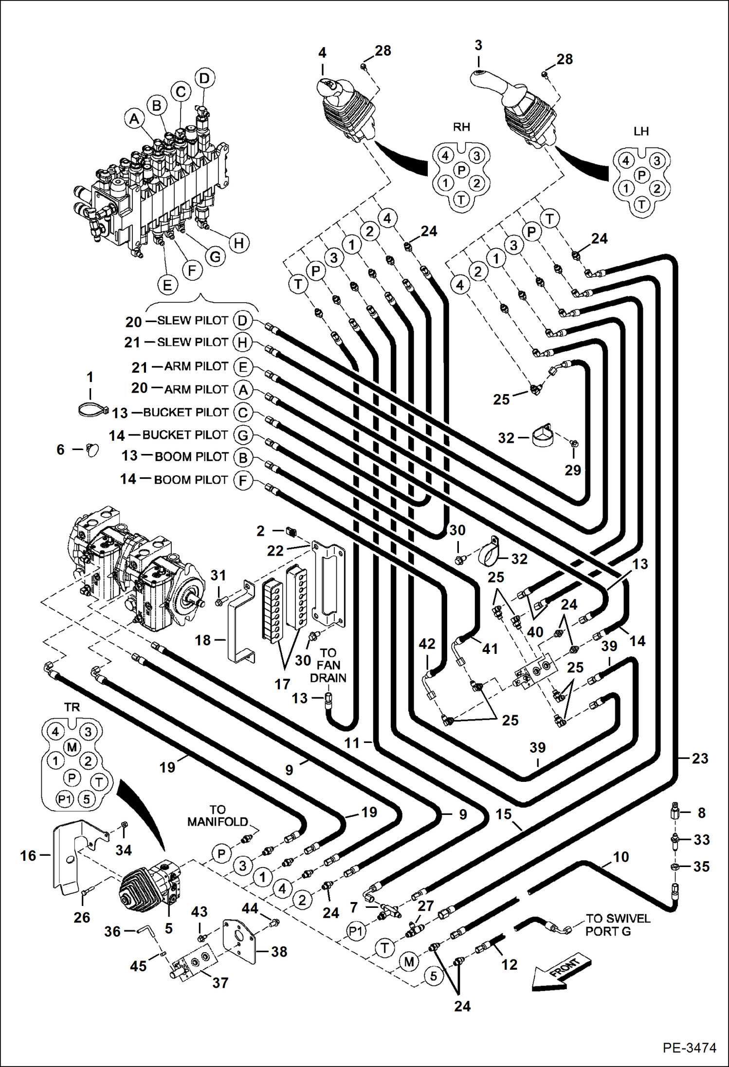 Схема запчастей Bobcat 435 - HYDRAULIC/HYDROSTATIC CIRCUITRY (Pilot ISO/STD) (S/N 5632 14000-14007, 15000 & Above) HYDRAULIC/HYDROSTATIC SYSTEM