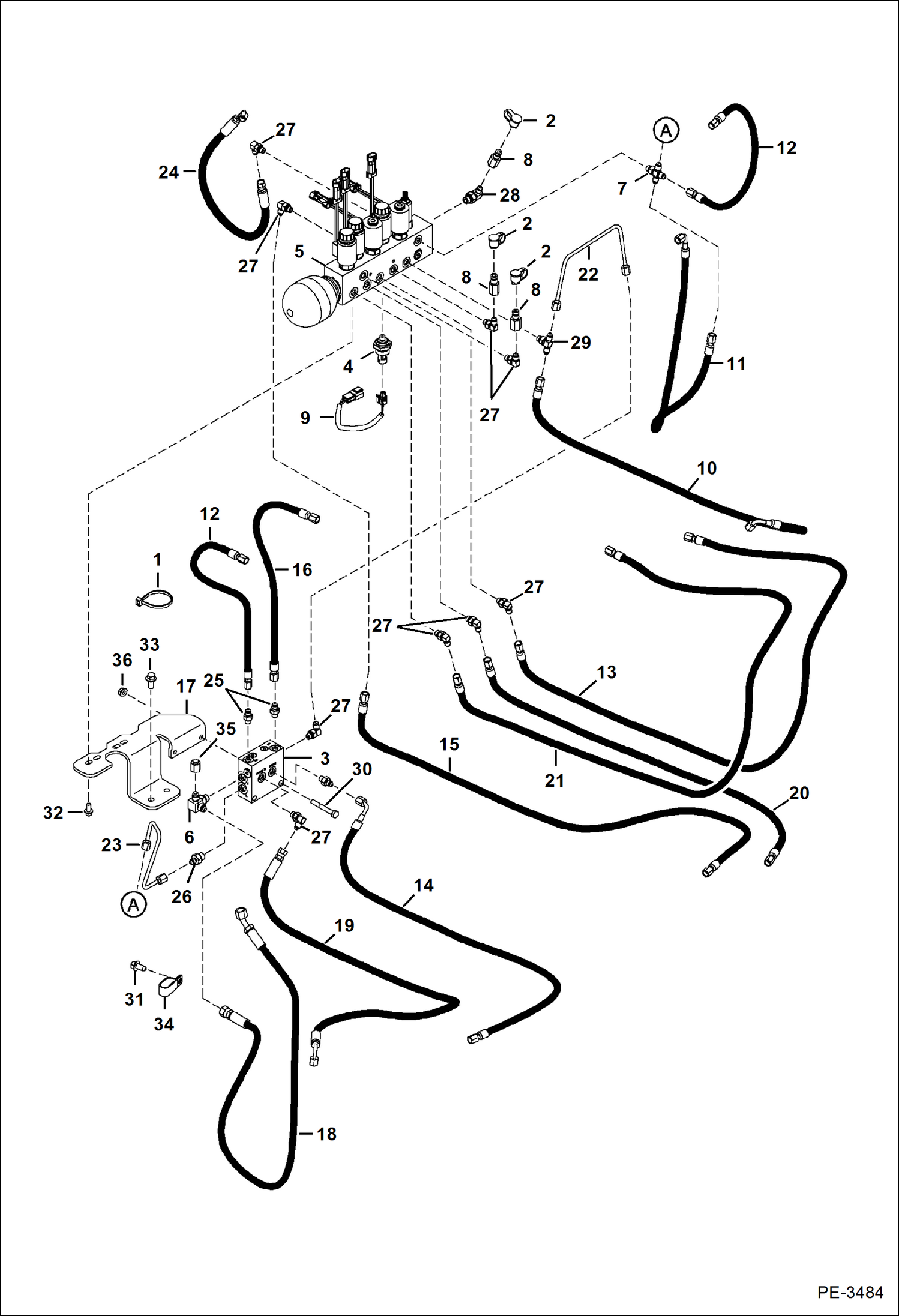 Схема запчастей Bobcat 435 - HYDRAULIC CIRCUITRY (Manifold) (S/N 5632 14000-14007, 15000 & Above) HYDRAULIC/HYDROSTATIC SYSTEM