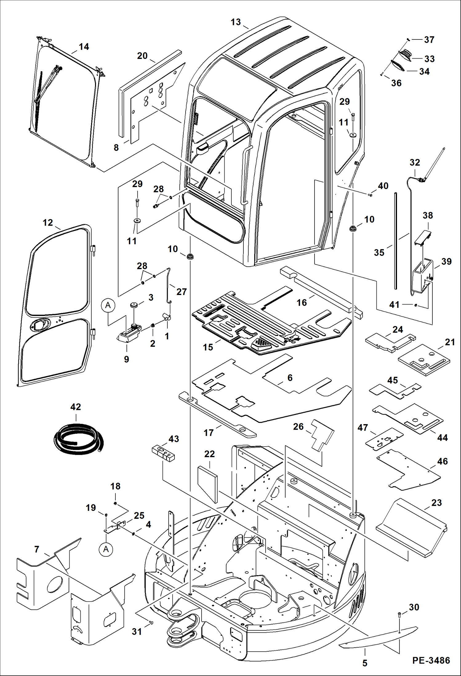 Схема запчастей Bobcat 430 - OPERATOR CAB (Mounting, Front Window, Door) (Radio Ready) MAIN FRAME