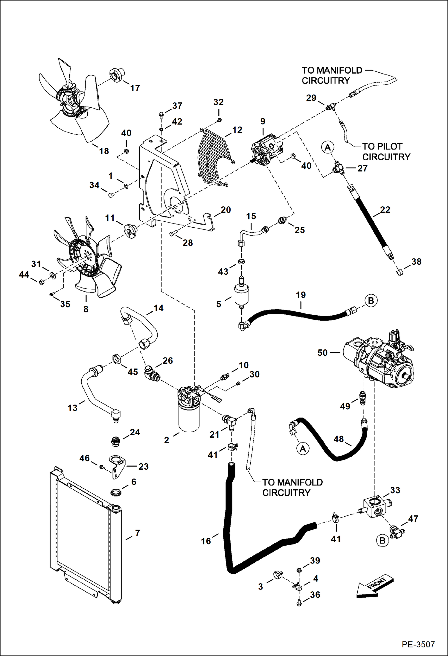 Схема запчастей Bobcat 435 - HYDRAULIC CIRCUITRY (Cooler/Filter & Fan Motor) HYDRAULIC SYSTEM