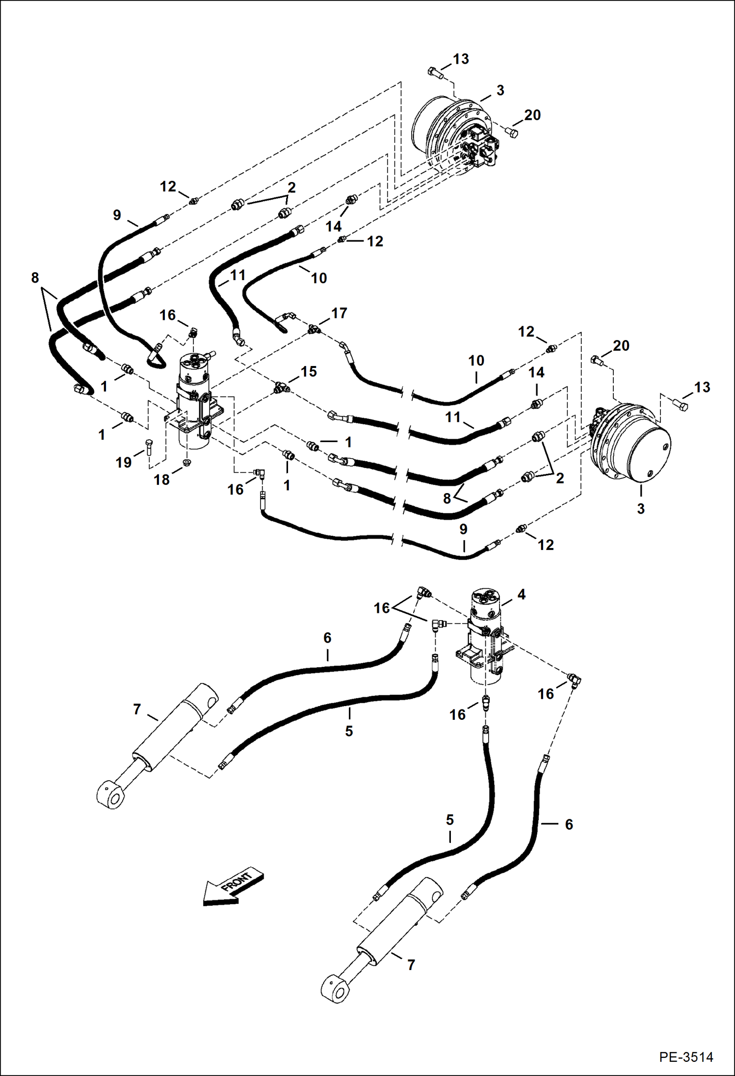 Схема запчастей Bobcat 435 - HYDRAULIC/HYDROSTATIC CIRCUITRY (Lower)(W/O Angle Blade Option) (S/N AACD11001 - 11214, AA8A11001 - 11158) HYDRAULIC/HYDROSTATIC SYSTEM